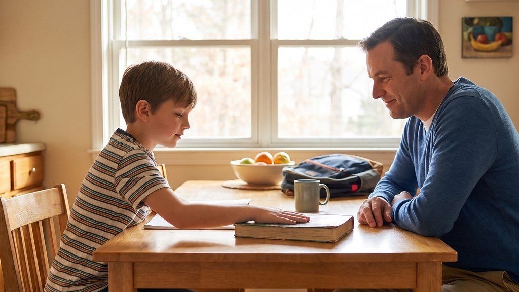 Child sliding a book away, parent staying kind, not scolding.