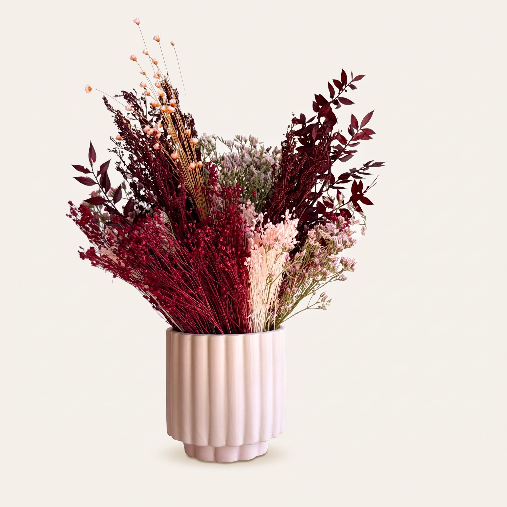 Burgundy, cut three ways.
