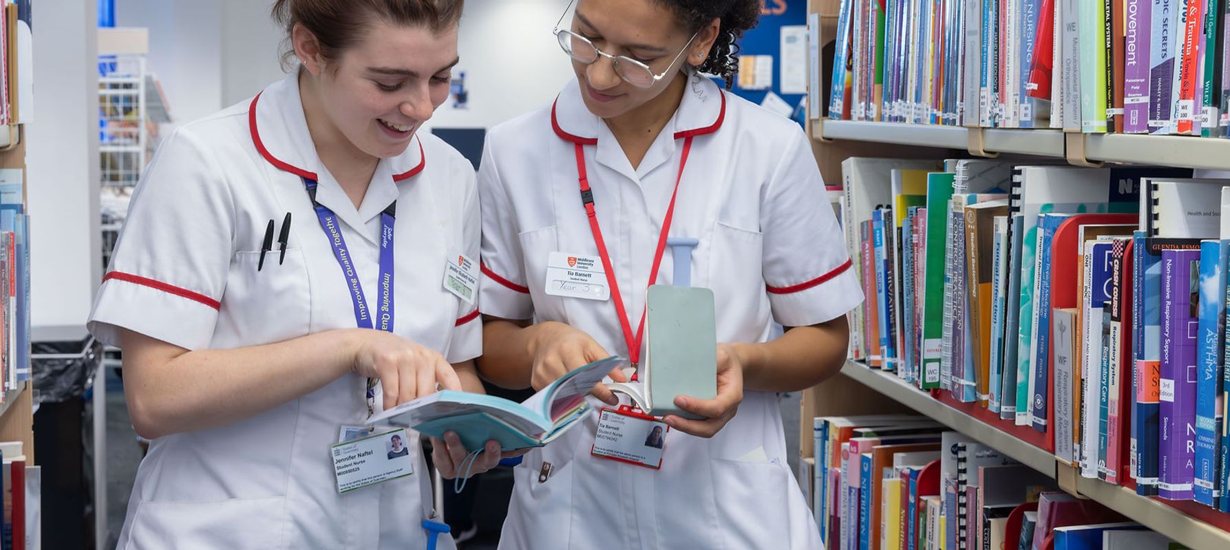 Nurses studying in a library