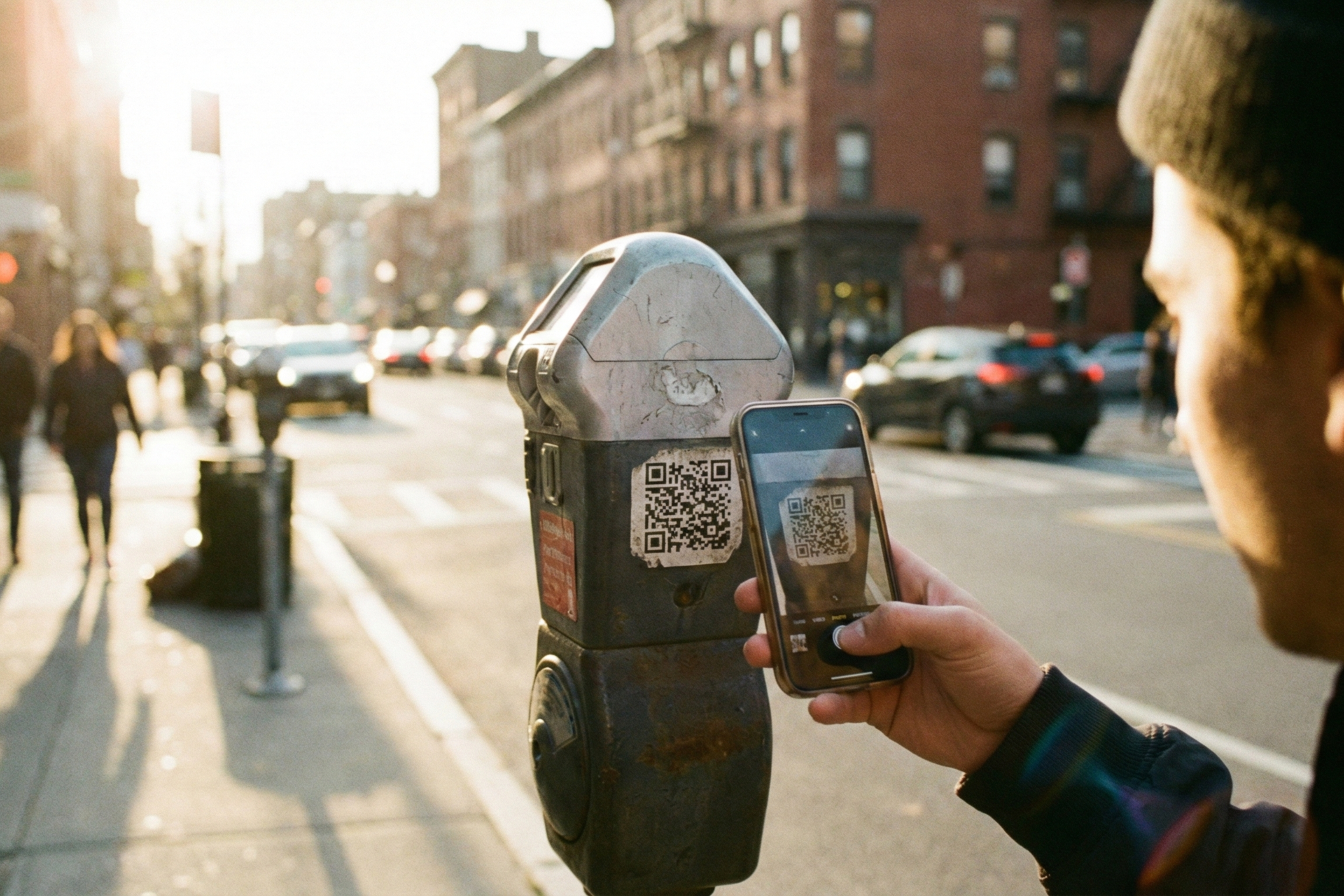 Person holding a smartphone to scan a QR code on a parking meter on a city street