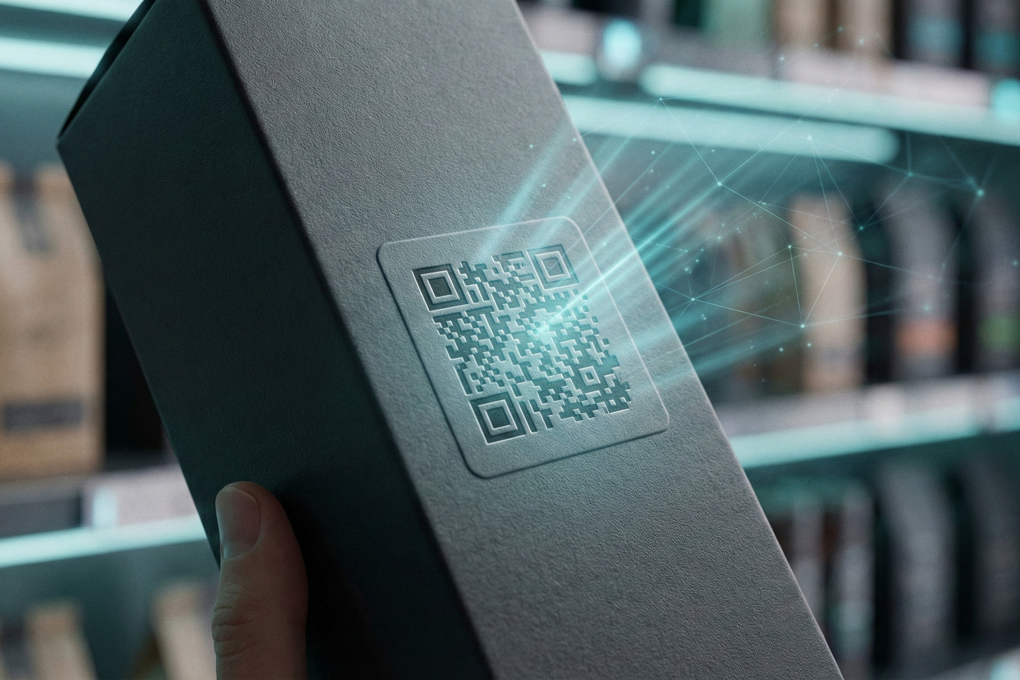 Product package with GS1 Digital Link QR code being scanned on a retail store shelf