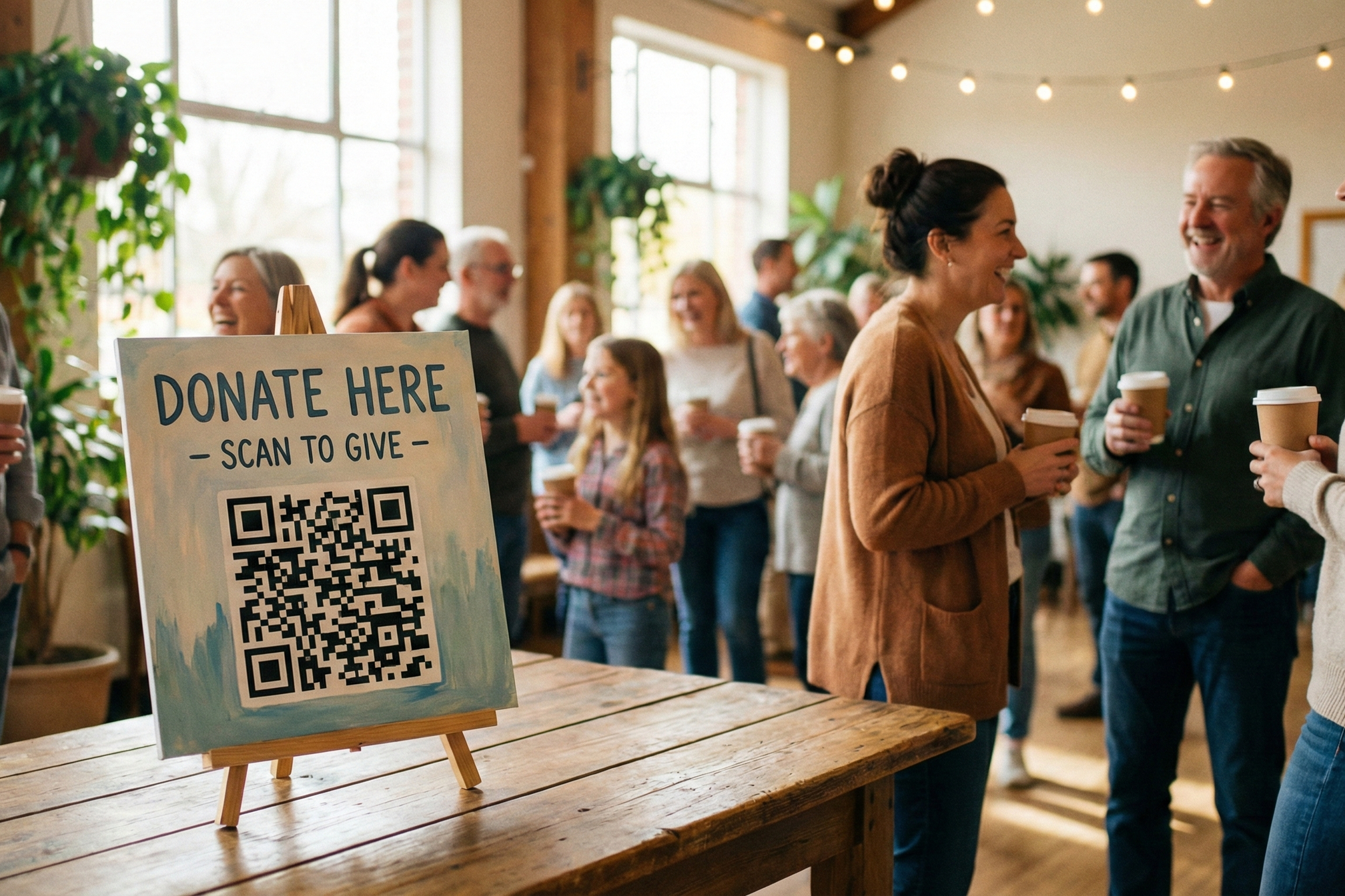 Donate Here sign with QR code on a table at a community charity fundraising event with people mingling in the background
