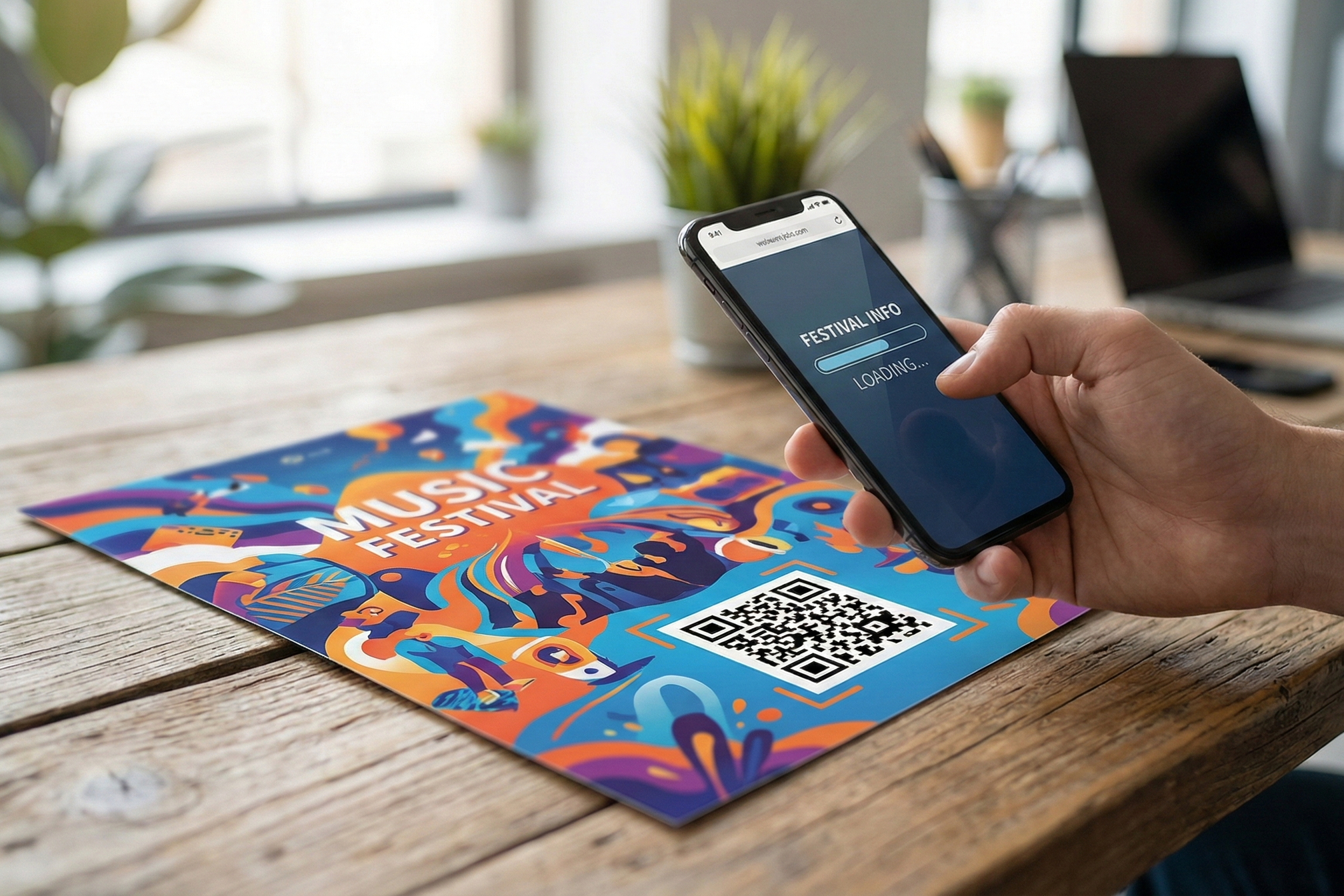 Person scanning a QR code on a colorful printed marketing flyer with a smartphone on a wooden desk