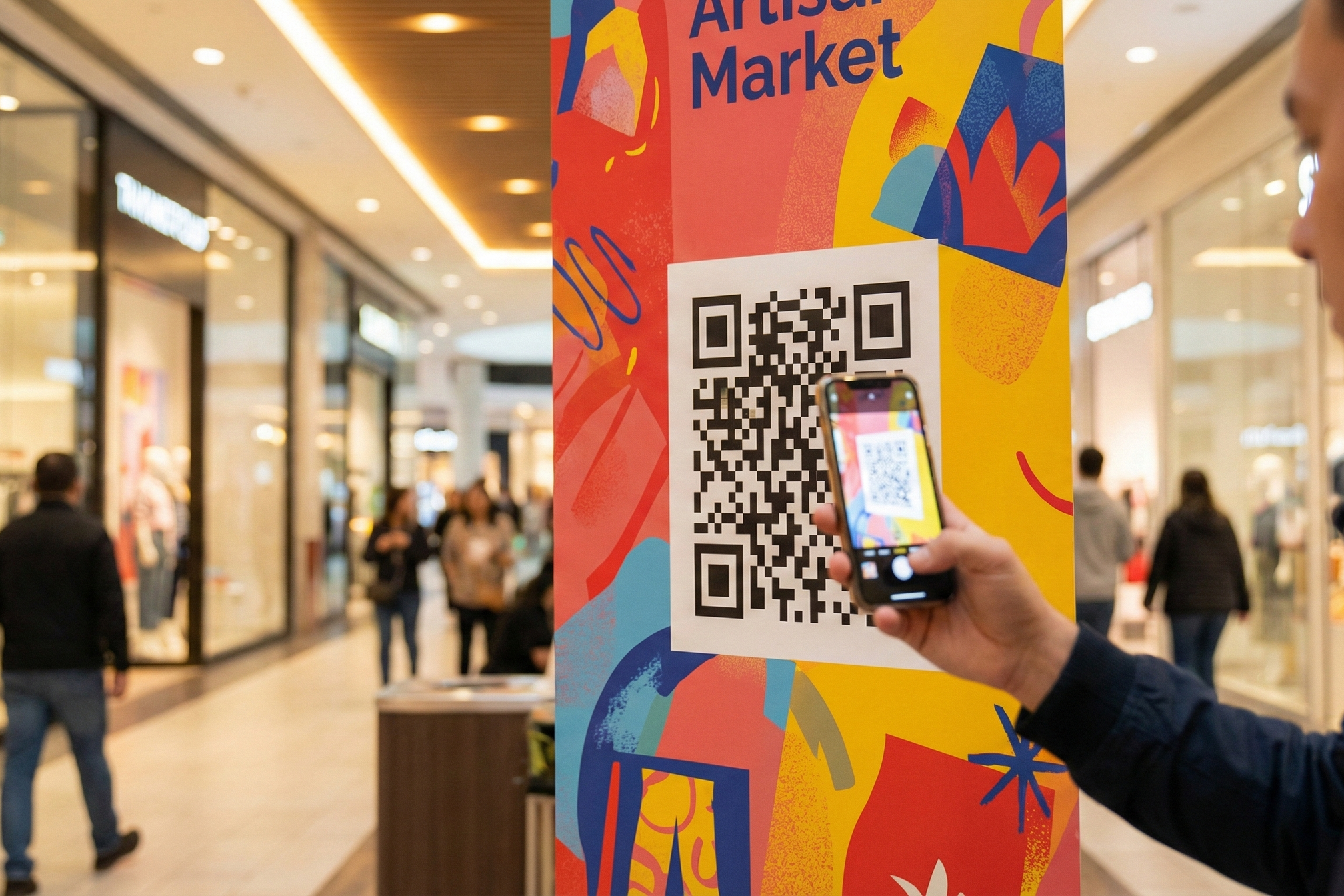 Person scanning a QR code on a colorful marketing display in a modern retail environment