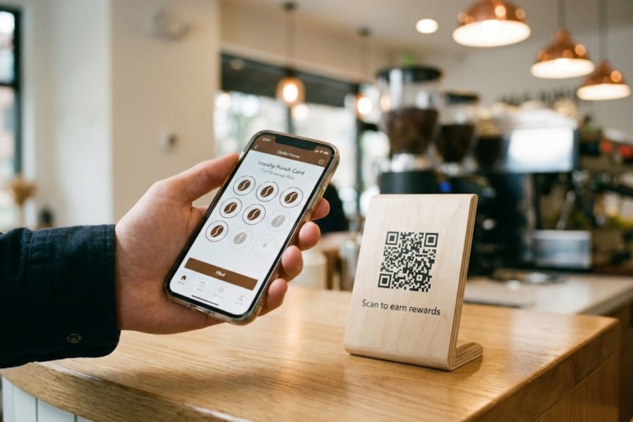 Customer holding a smartphone showing a digital QR code loyalty punch card at a coffee shop counter with a scan to earn rewards sign