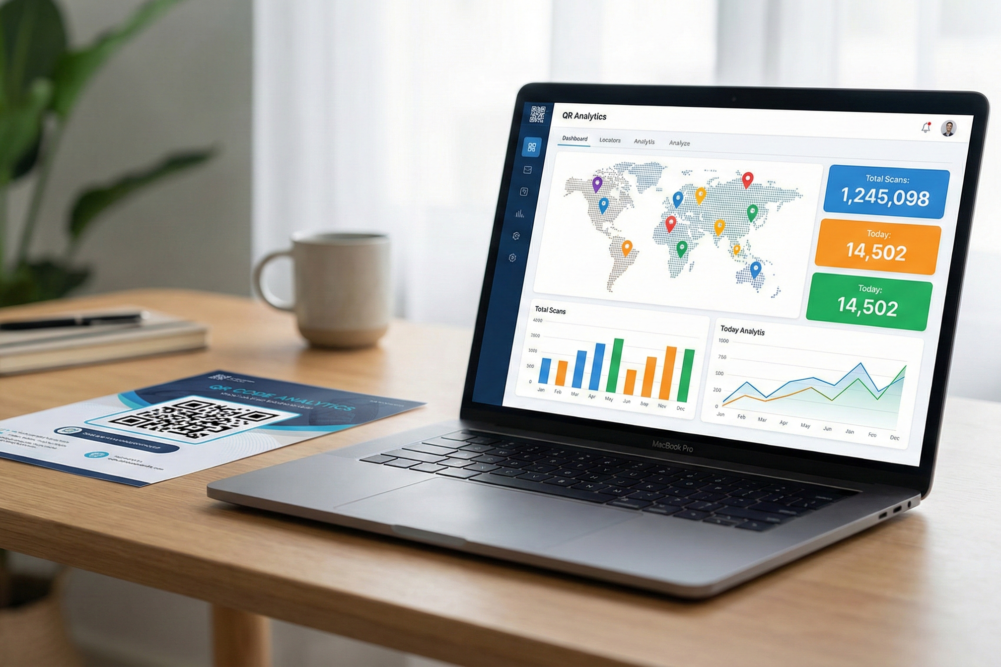 Laptop showing QR code analytics dashboard with scan tracking charts and location data next to a printed flyer with a QR code