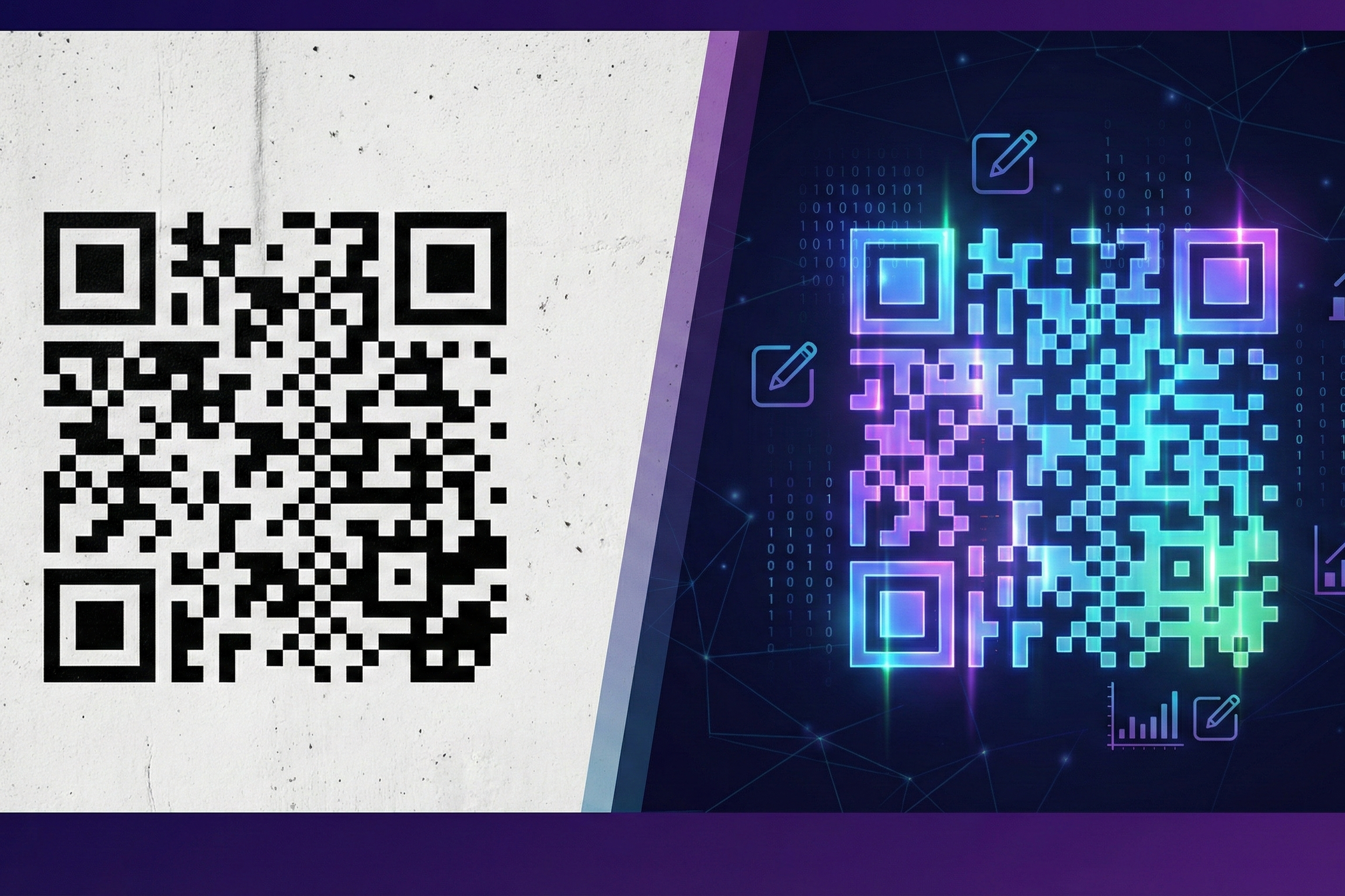 Side-by-side comparison of a black-and-white static QR code and a vibrant colorful dynamic QR code with digital analytics effects