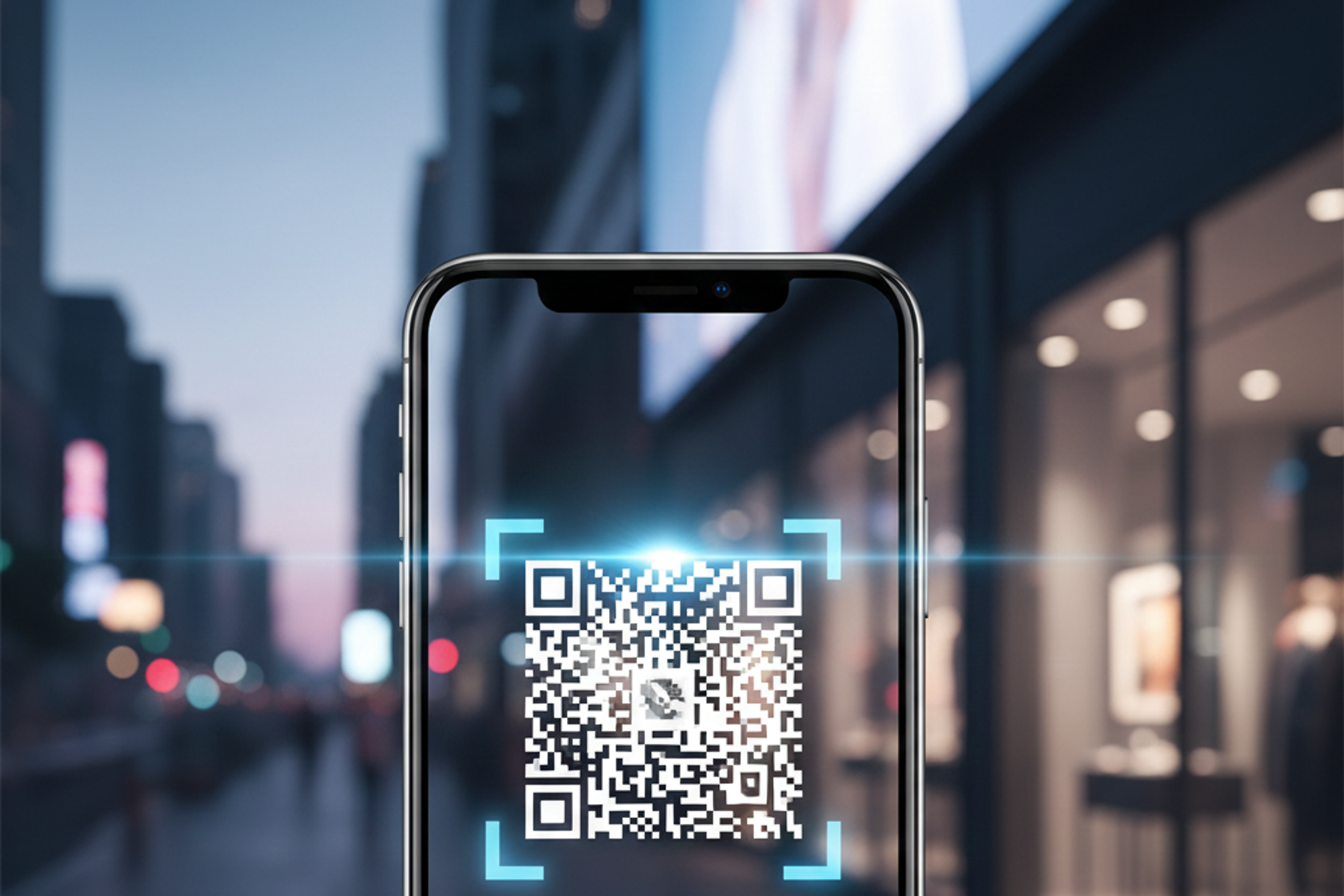 Smartphone scanning a QR code with blue targeting brackets on a blurred city street with retail storefronts at dusk