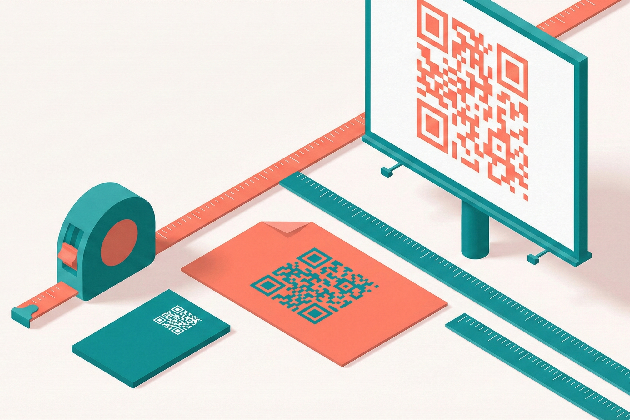 Isometric 3D illustration showing QR codes at different sizes on a business card, flyer, and billboard, with a measuring tape and ruler to represent minimum size guidelines