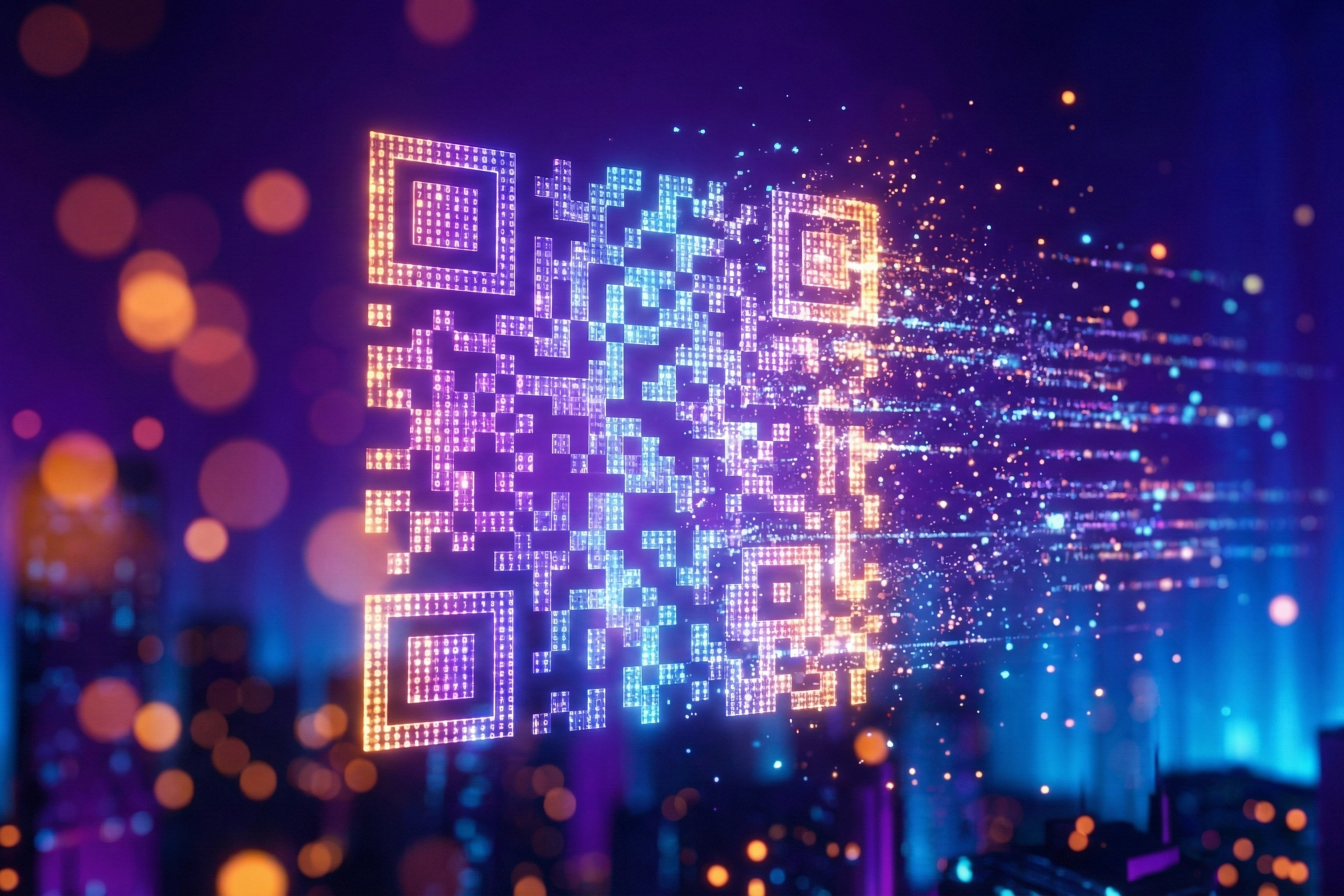 Vibrant digital QR code glowing with purple and blue neon lights against a futuristic cityscape background