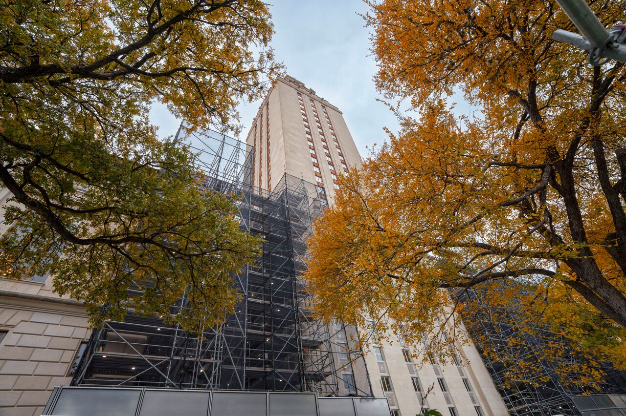 UT Austin Main Tower Renovation Fall Shot