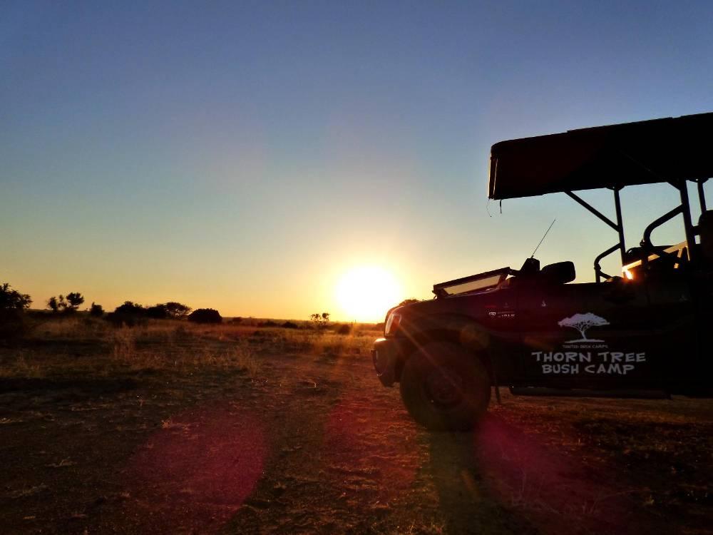 Thorn Tree Bush Camp game drive vehicle at sunset in the Dinokeng Big Five Game Reserve