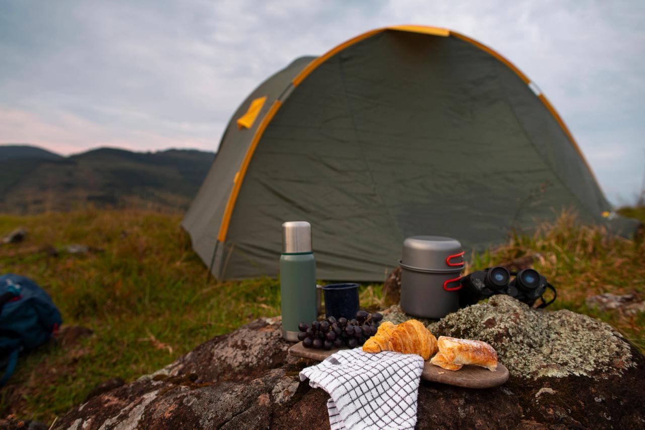 Dome tent on a grassy hillside, with a flask, pot, binoculars and pastries on a rock
