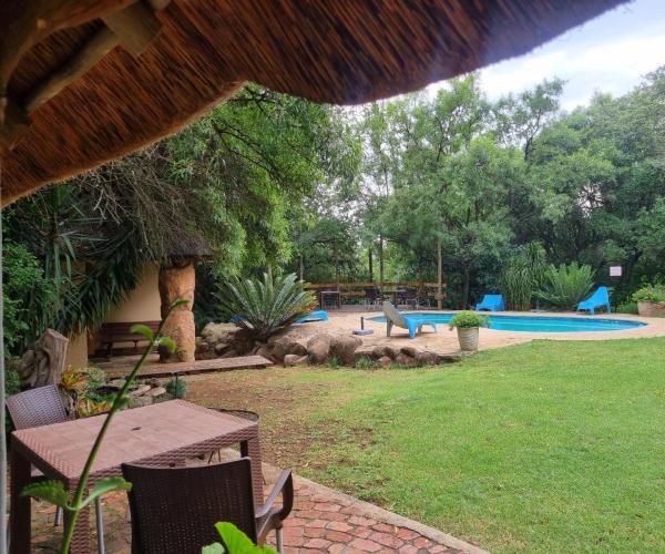 View from a thatched patio across the lawn to the swimming pool and trees at Kareekloof Game Farm in Derby