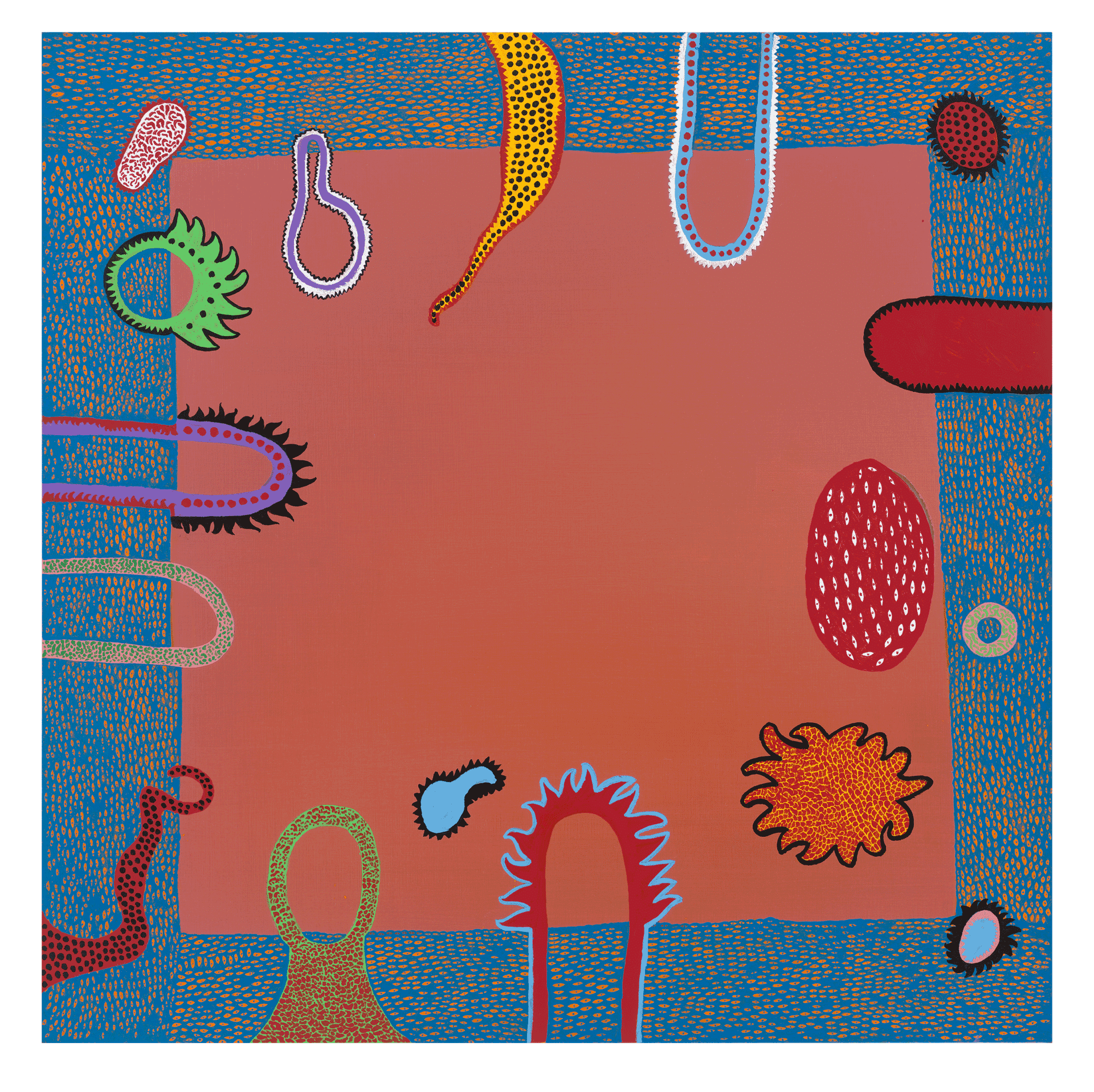 A painting by Yayoi Kusama, titled THRONE OF GOD, dated 2015.