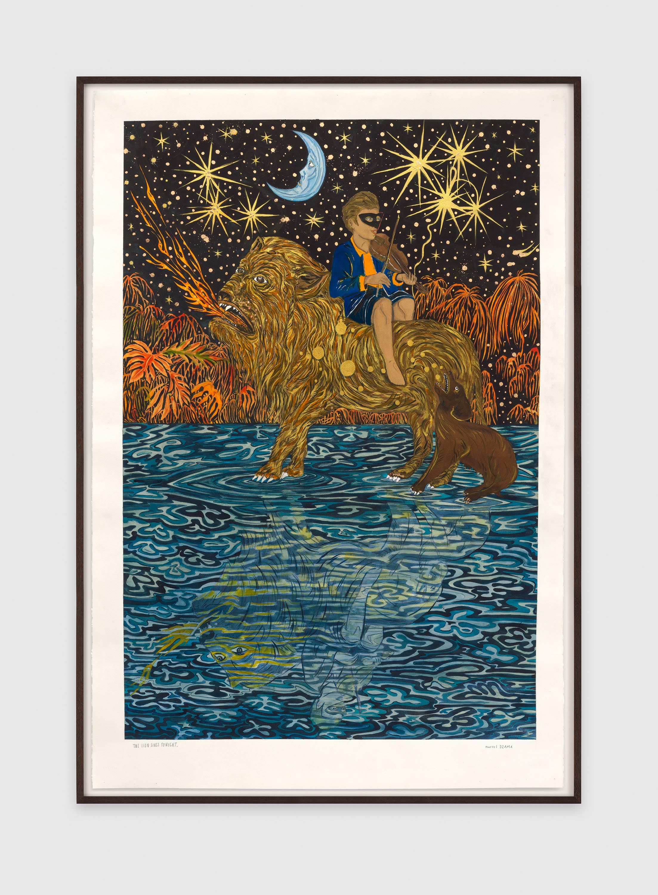 A work on paper by Marcel Dzama, titled The lion sings tonight., dated 2023.