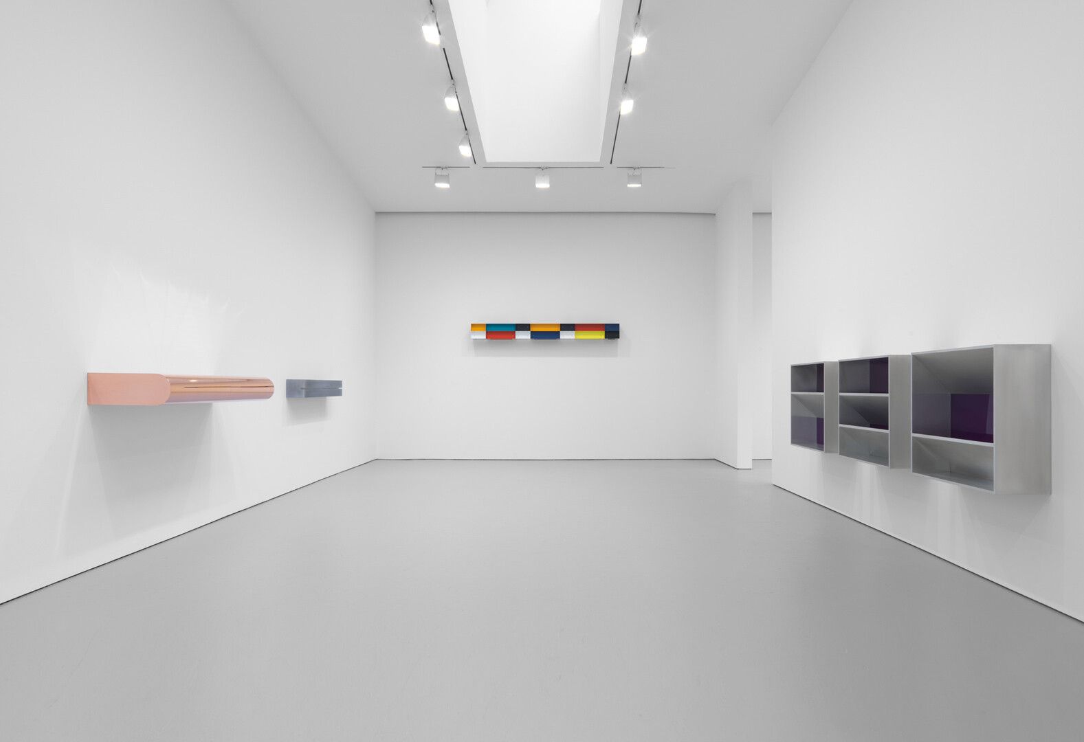 An installation view of an exhibition titled Donald Judd Artworks: 1970–1994, at David Zwirner, New York, in 2020.