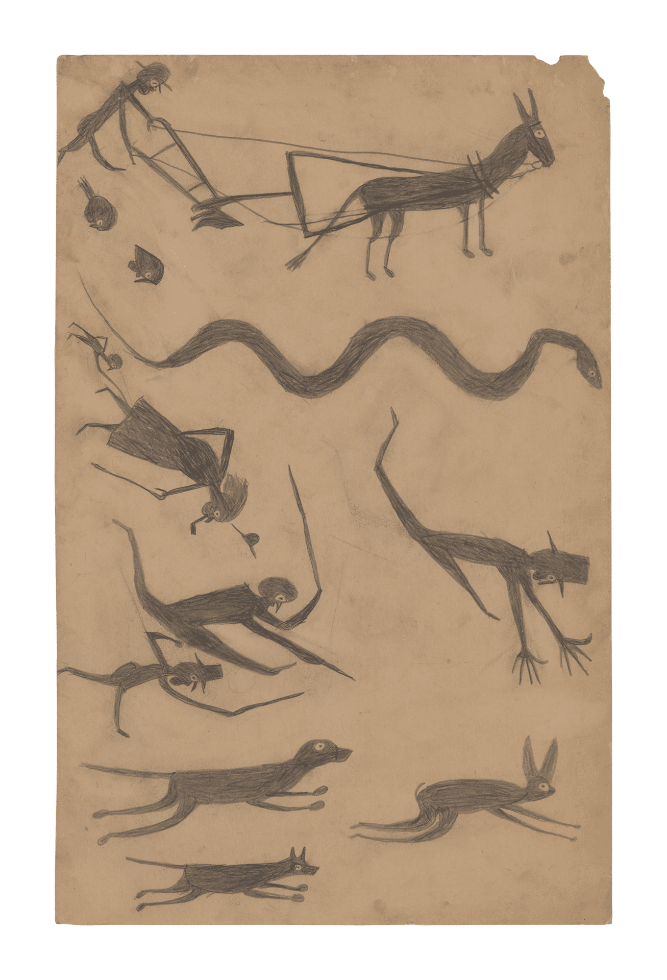 A pencil drawing work on cardboard by Bill Traylor, titled Exciting Event, Snake, Plow, Figures Chasing Rabbit, 1939 to 1942.