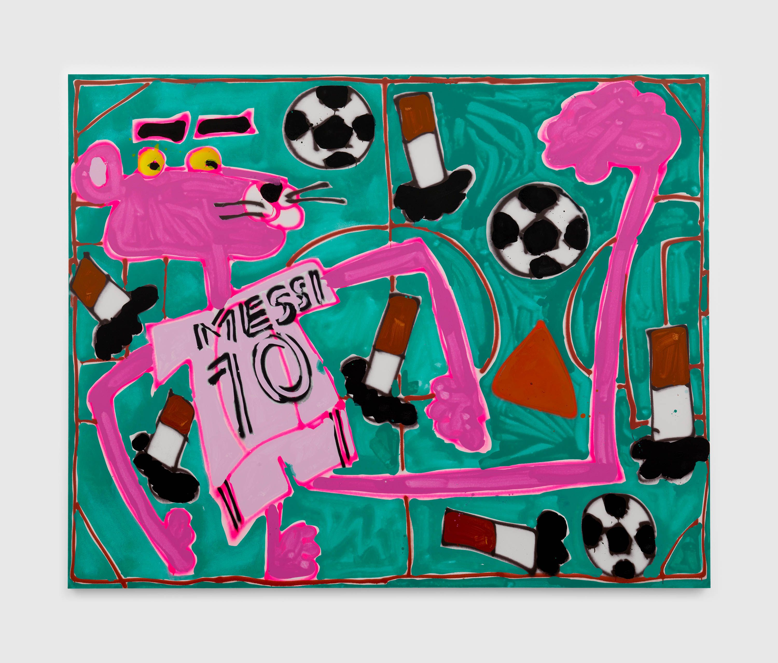 A painting by Katherine Bernhardt, titled Worldie (Messi), dated 2023.