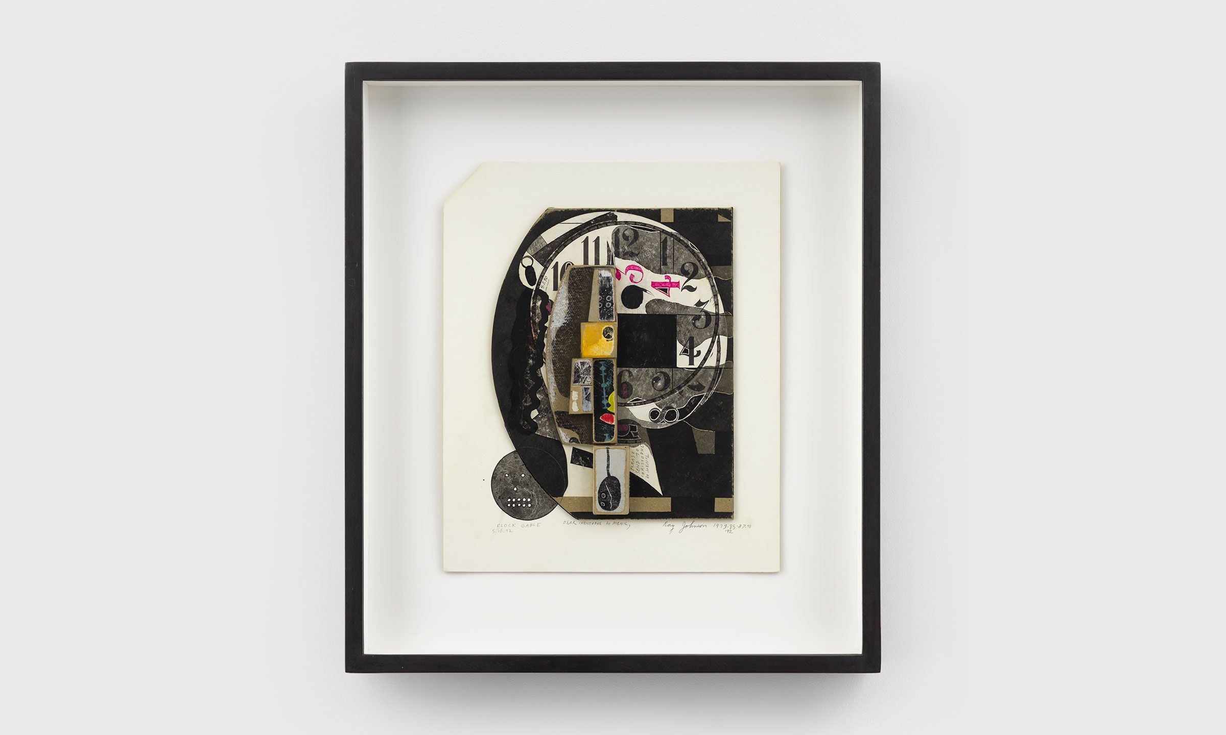 A collage on illustration board by Ray Johnson, titled Untitled (Dear Christo De Menil), dated 1979, 1985, 1987, 1990, 1992.