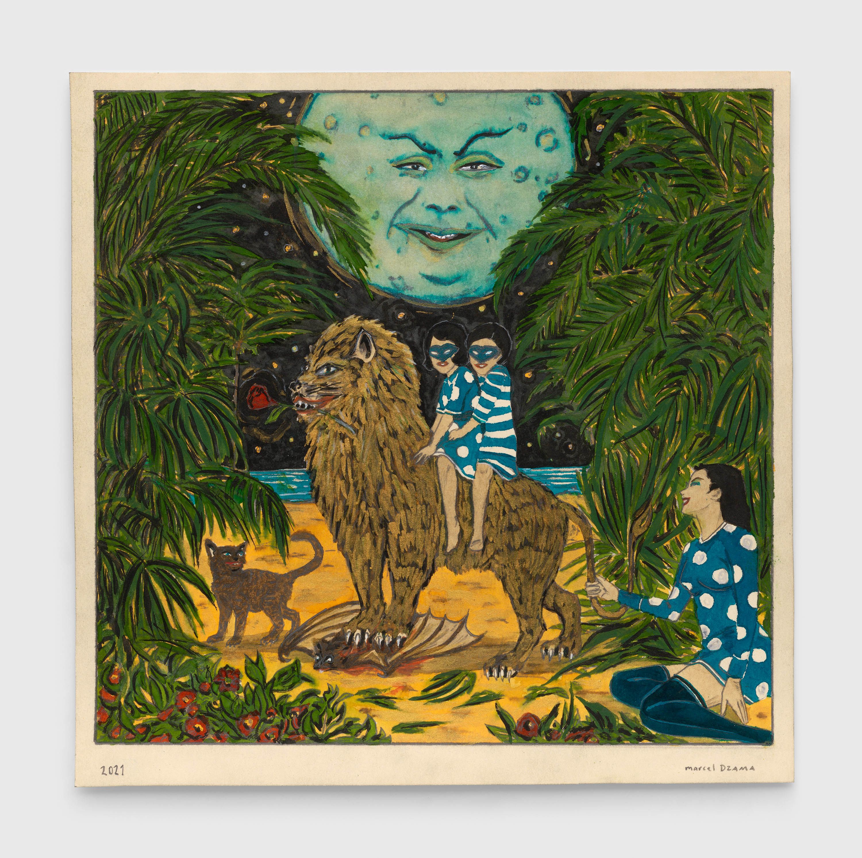 A mixed media artwork by Marcel Dzama, titled Our father was a beast, mother a beauty, and grandpa was a vampire, dated 2021.