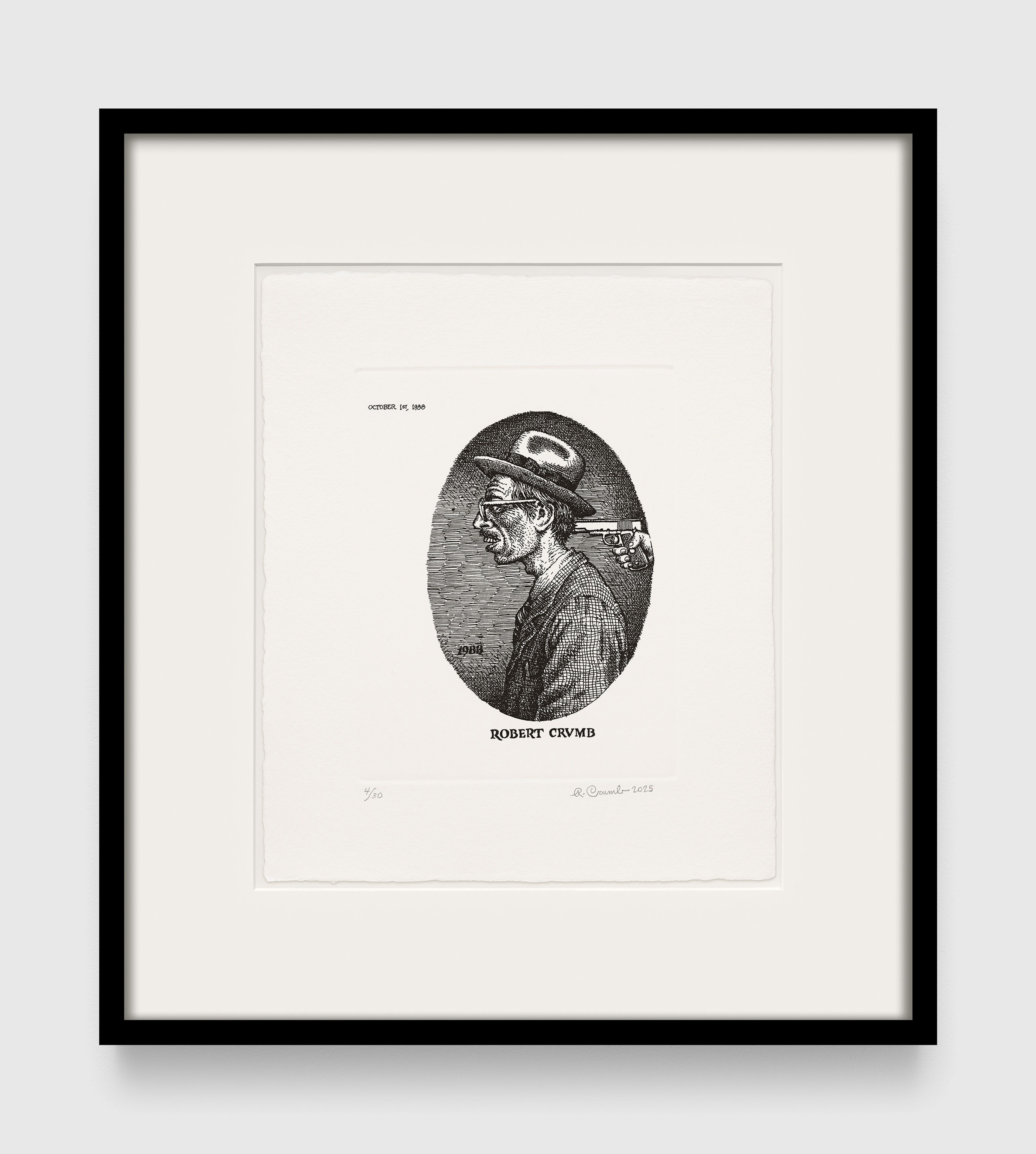 A work on paper by R. Crumb, titled Self Portrait (Gun), dated 2025.