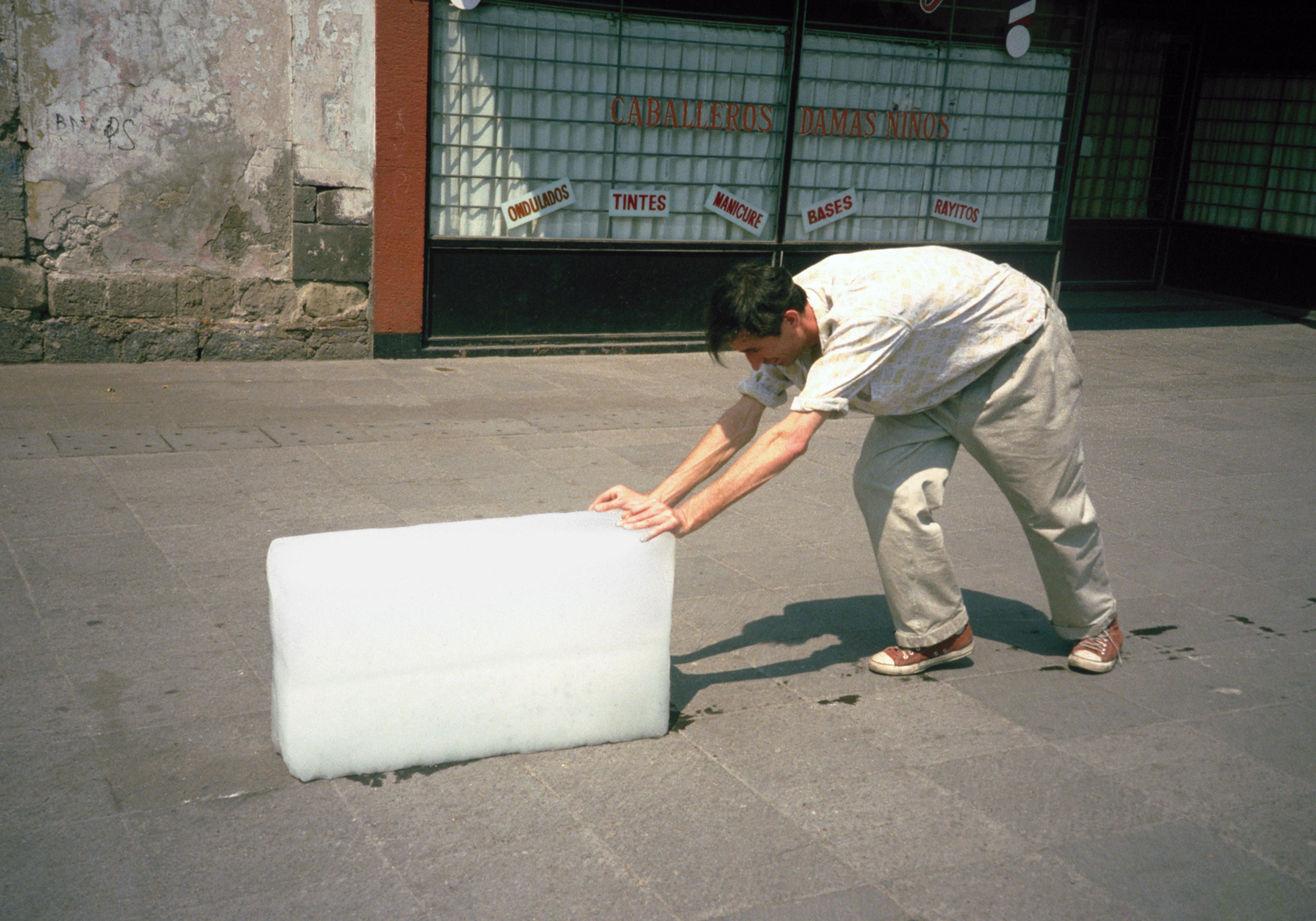 A still from a video by Francis Alÿs, titled Sometimes Making Something Leads to Nothing, dated 1997.