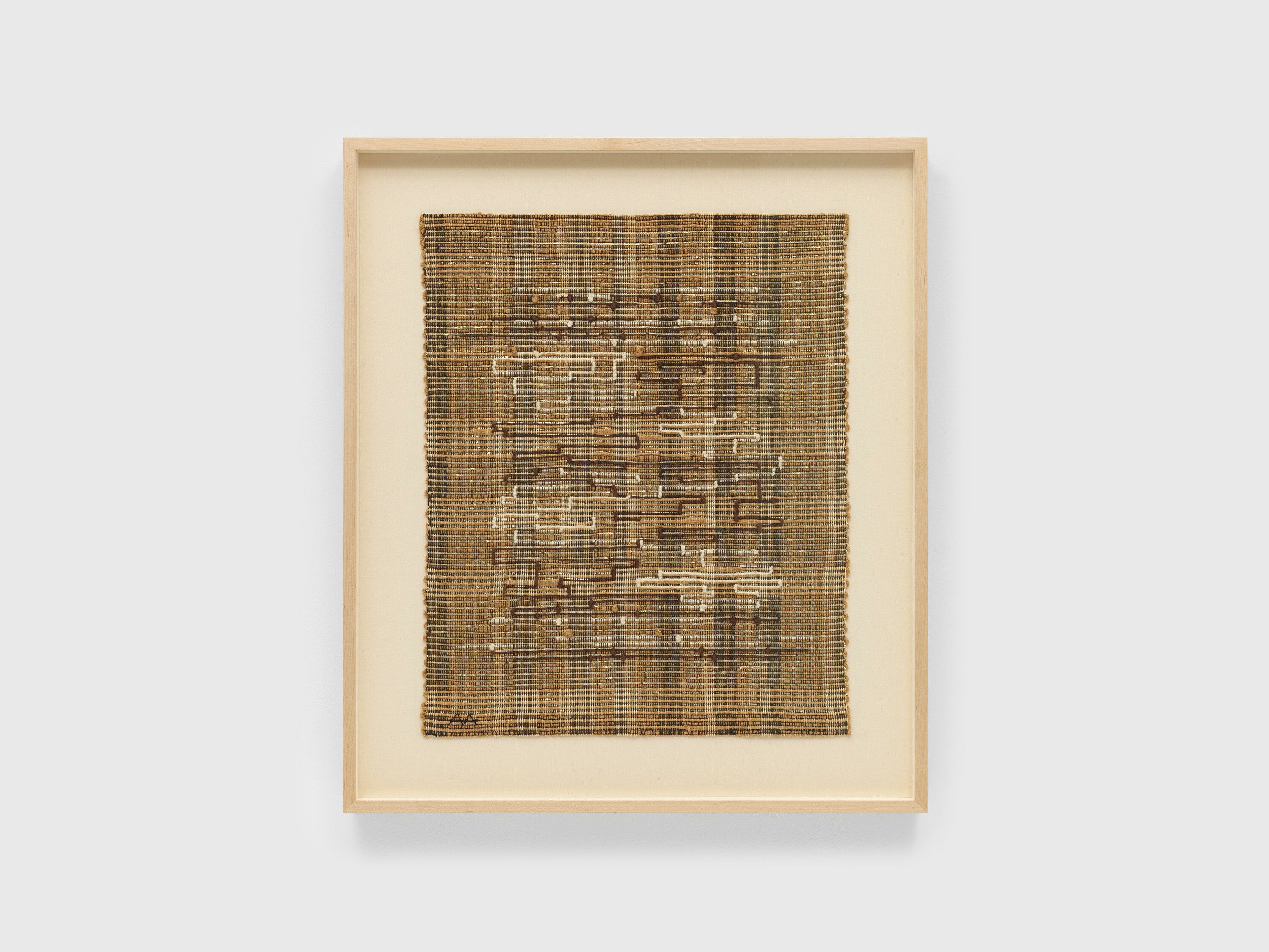A cotton, lurex, and jute weaving by Anni Albers, titled Black-White-Gold II, dated 1950.