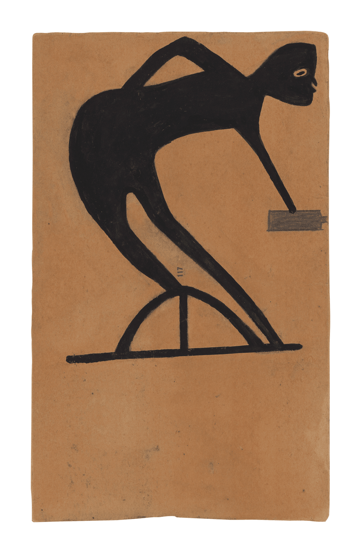 A drawing by Bill Traylor titled, Man Bent at Waist with a Bottle, 1939 to 1942.	