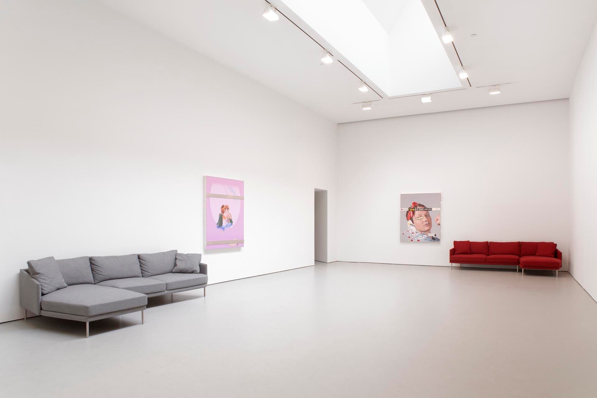 An installation view featuring works by Jordan Wolfson, dated 2014