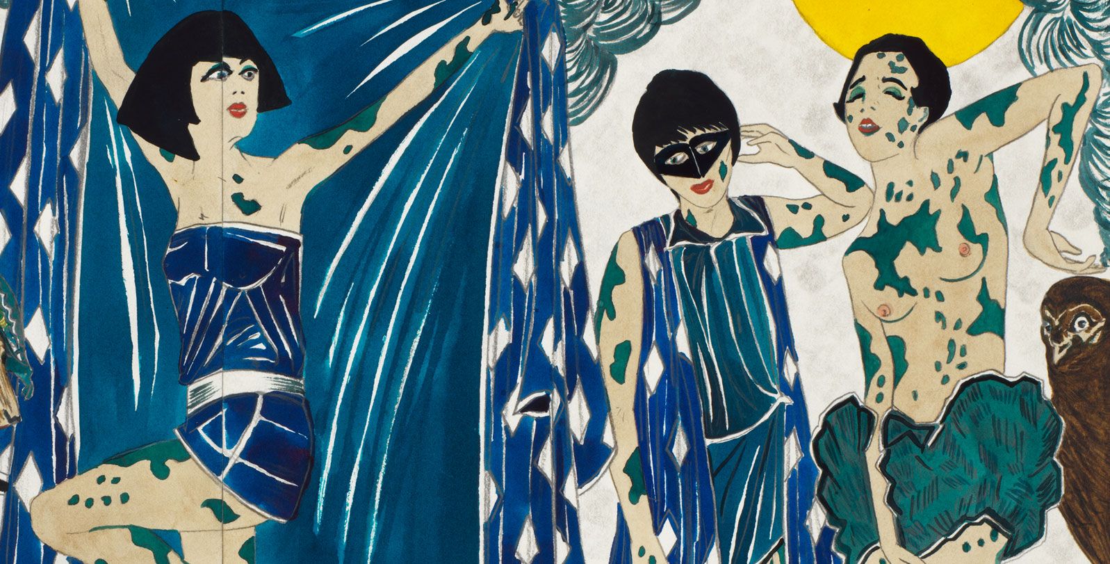 A detail from a work on paper by Marcel Dzama, titled And who breaks a butterfly on a wheel? or A rapture, a butterfly, a dancer and a bowie knife, dated 2018.
