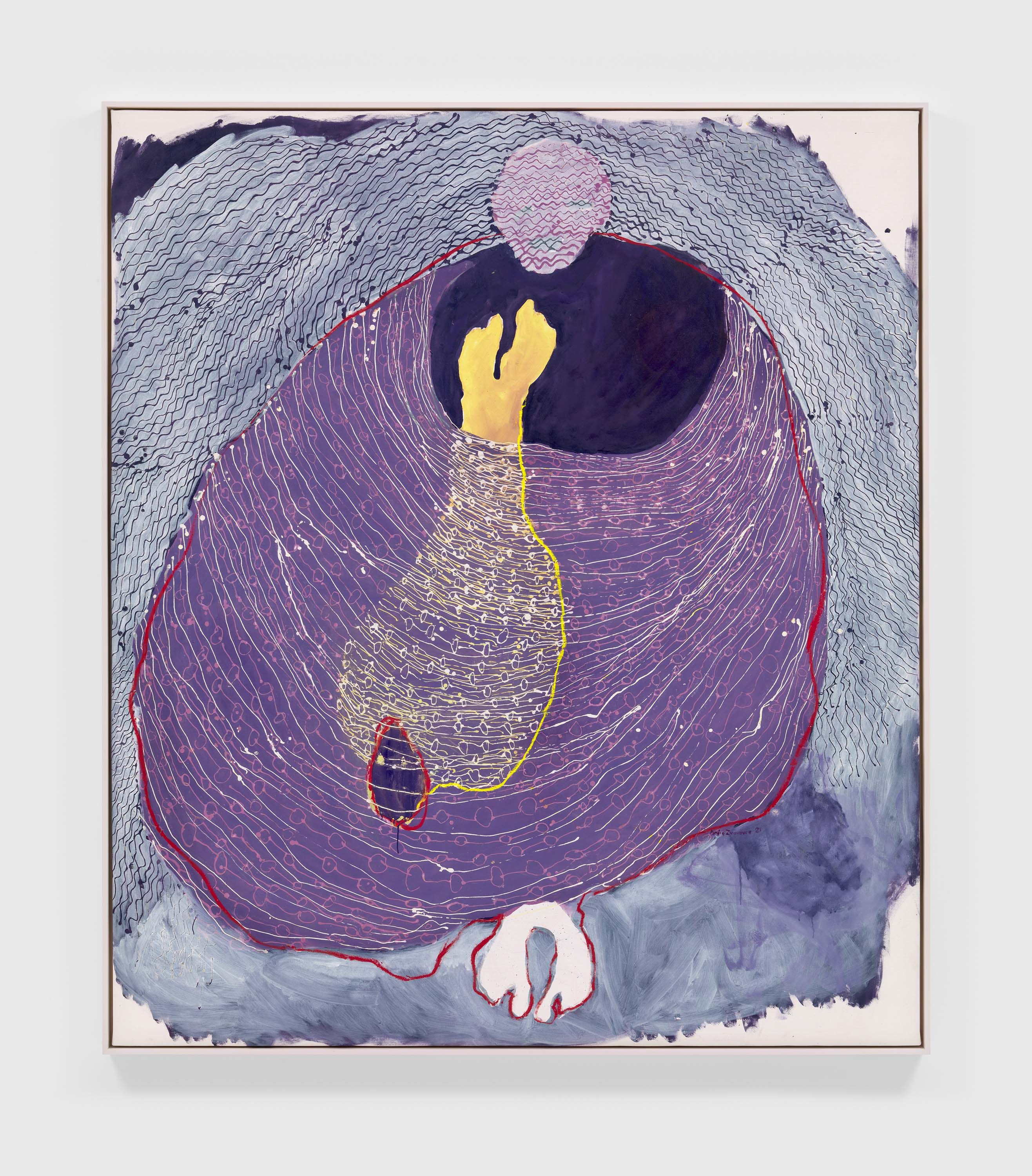 An oil based printing ink and oil bar on canvas artwork by Portia Zvavahera, titled Ndirikuda kubuda (I want to come out), dated 2021.