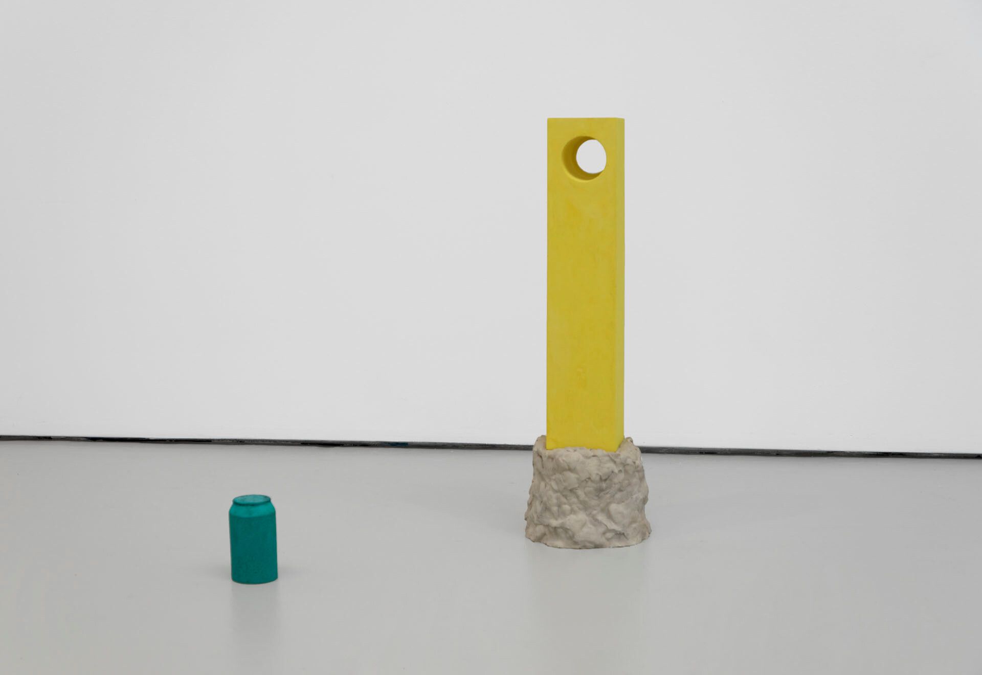 A sculpture by Gordon Hall, titled Three Part Object (Can), dated 2018.