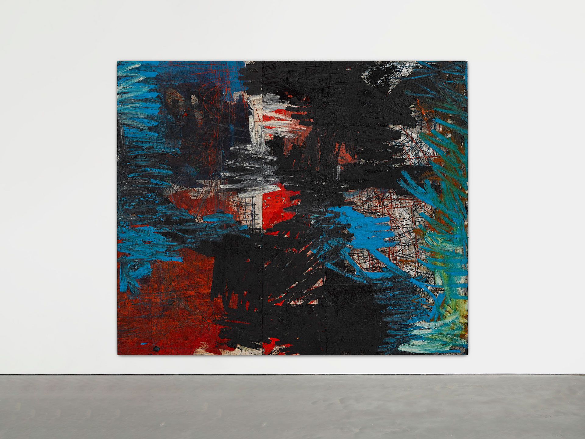 An installation view of a painting by Oscar Murillo titled manifestation, dated 2019-2020.