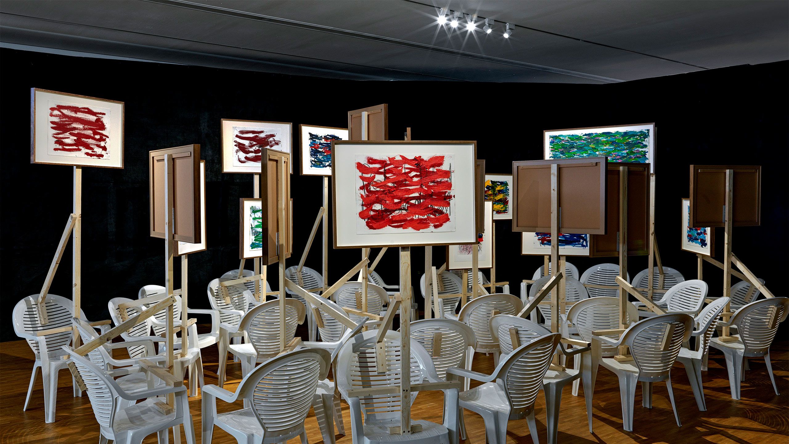 A Photo by Gert Jan van Rooij  of an Installation view, by Oscar Murillo, titled Social Cataracts, KM21, The Hague, Netherlands, 2021. 