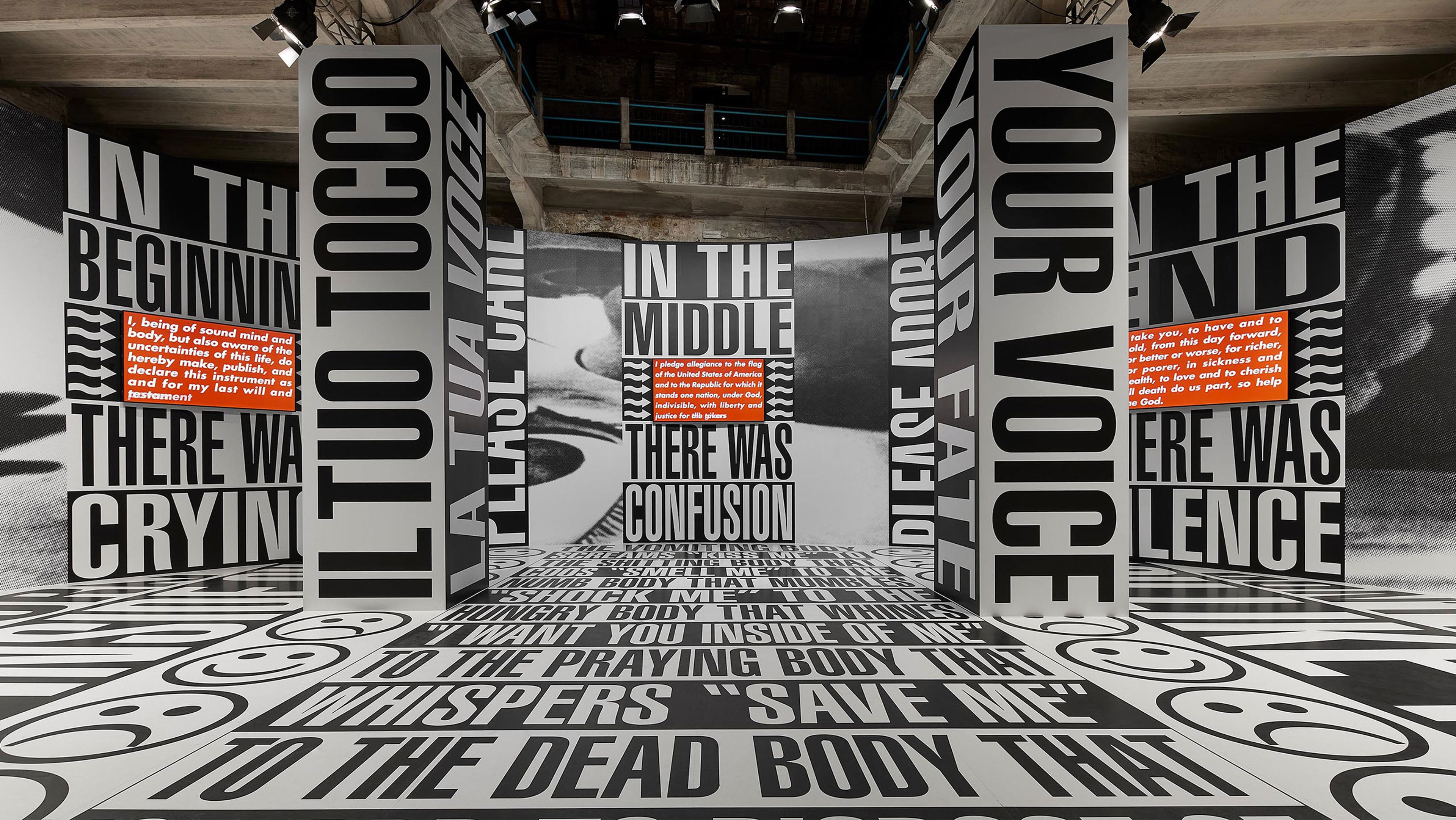 Installation view of Barbara Kruger at the 59th International Art Exhibition of La Biennale di Venezia, The Milk of Dreams, dated 2022.