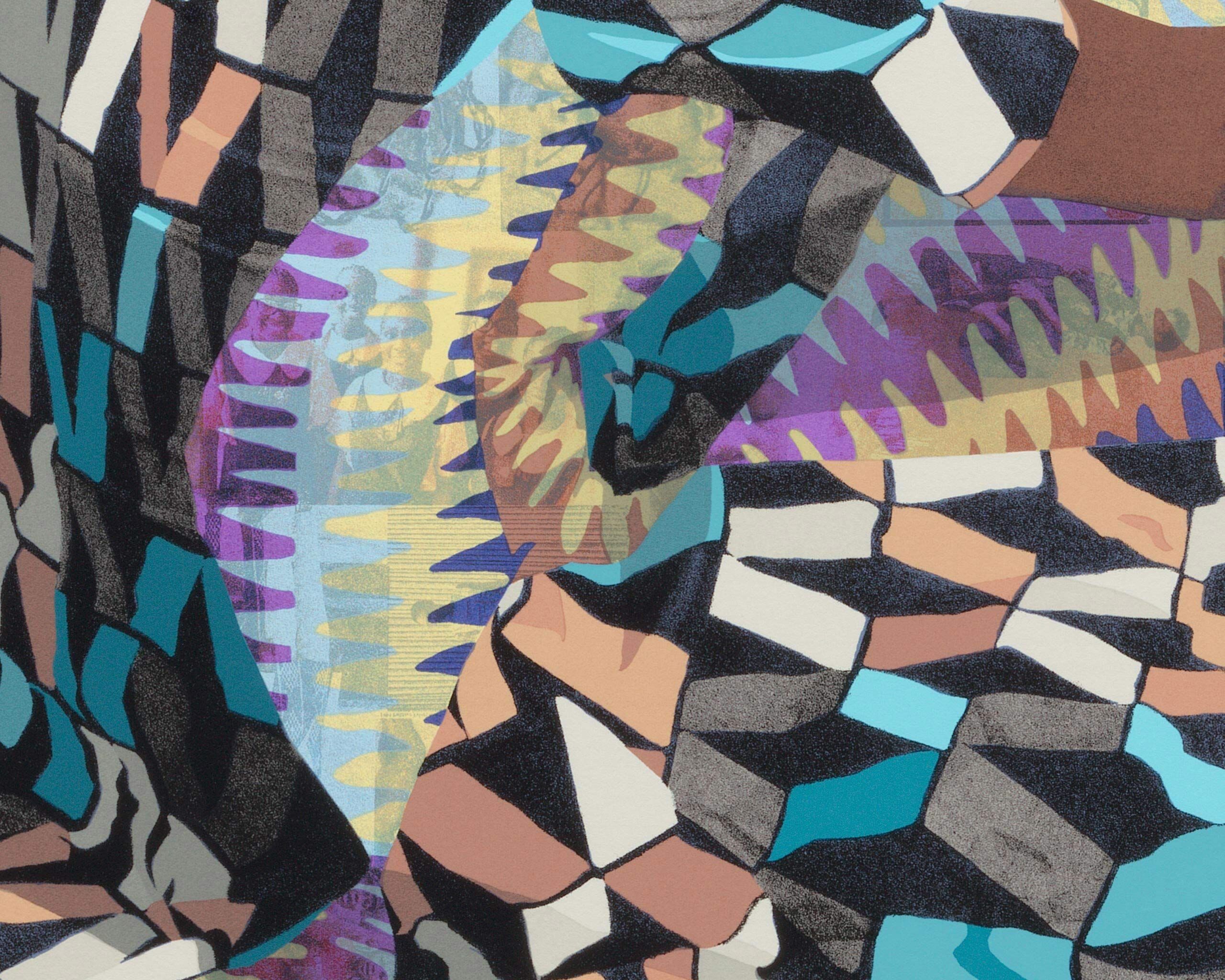 A detail of Njideka Akunyili Crosby "The Beautyful Ones" May Have Arrived, dated 2023