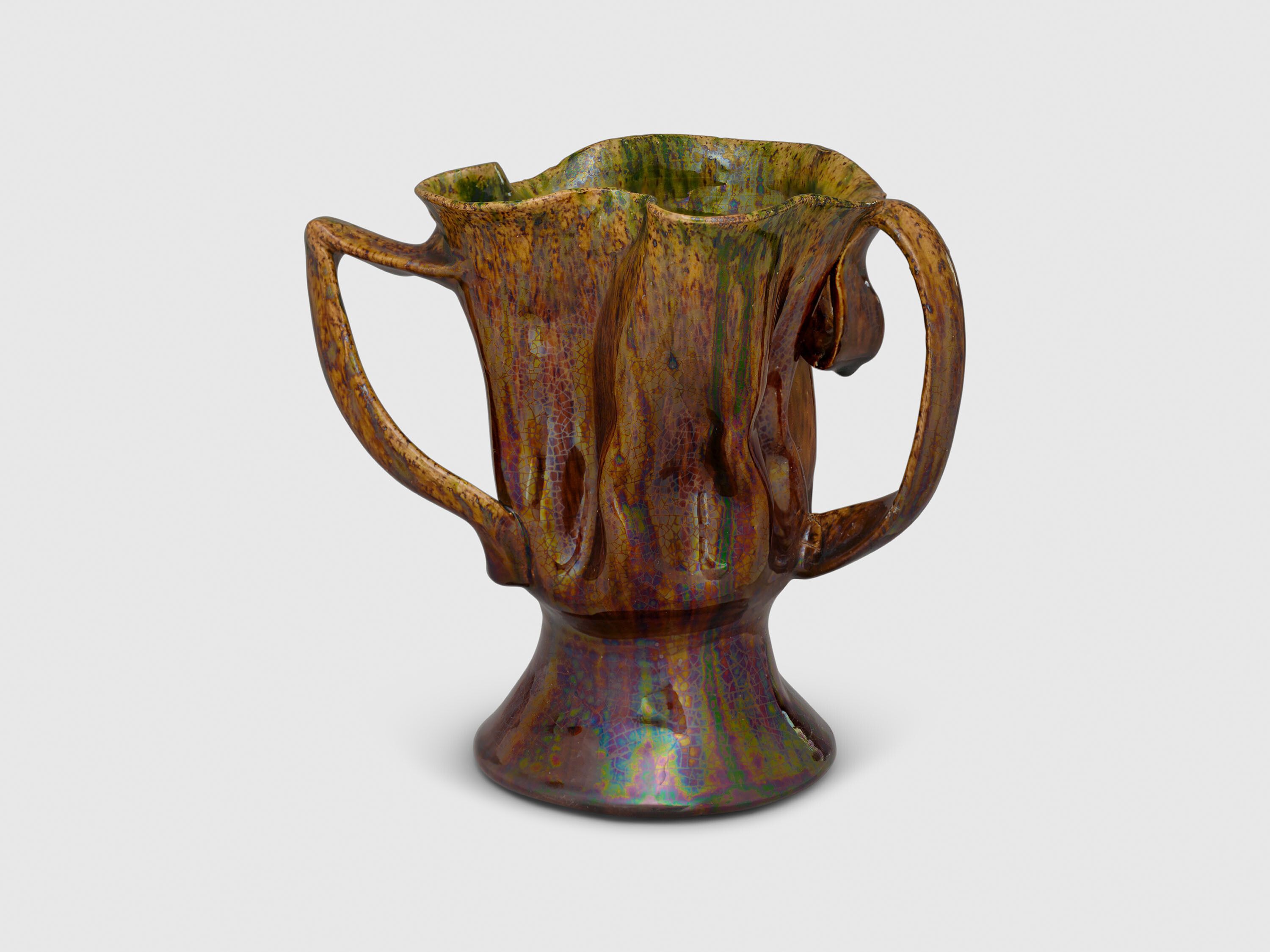 A sculpture by George Ohr, titled Handled vase, dated 1898 to 1910.