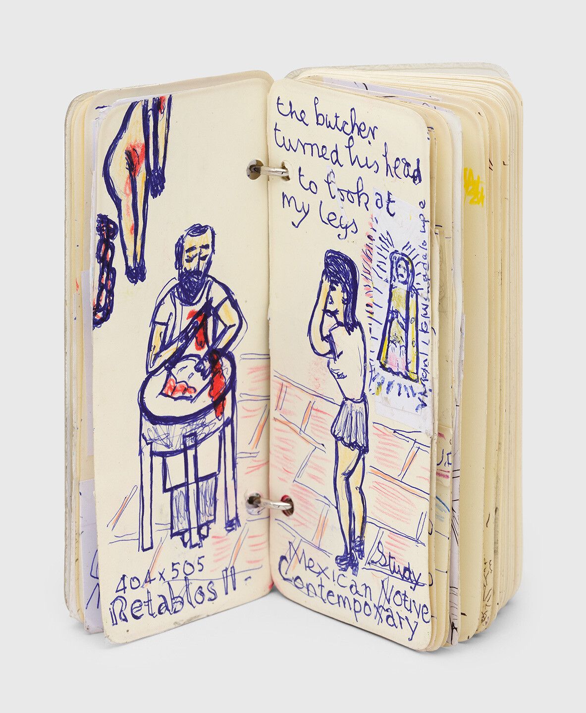 A spiral bound sketchbook containing miniature collages on paper by Rose Wylie titled Little Blue Book, dated 2020.