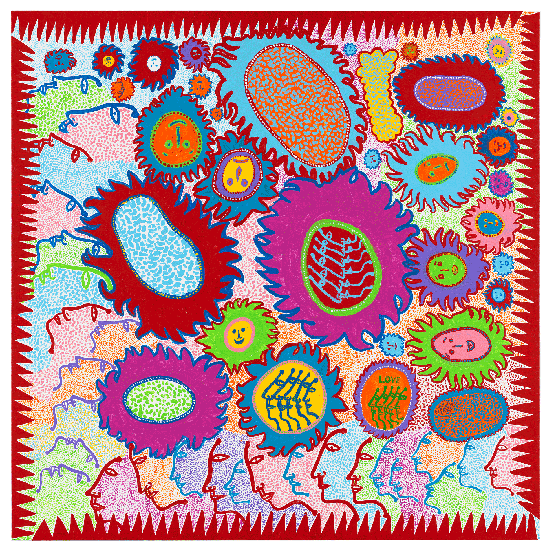 A painting by Yayoi Kusama, titled Everyone is Seeking Peace, dated 2013.