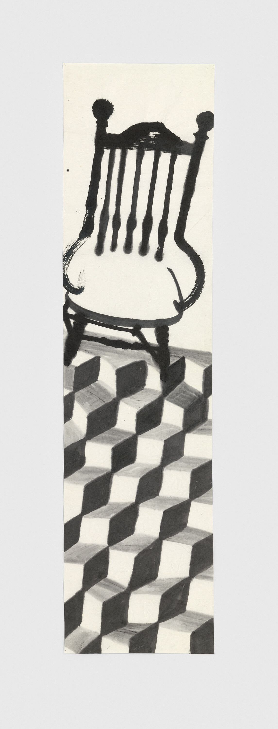 A brush and black and gray ink on sumi-e paper artwork by Ruth Asawa, titled Untitled (MI.085, Chair with Five Bars), circa 1958.
