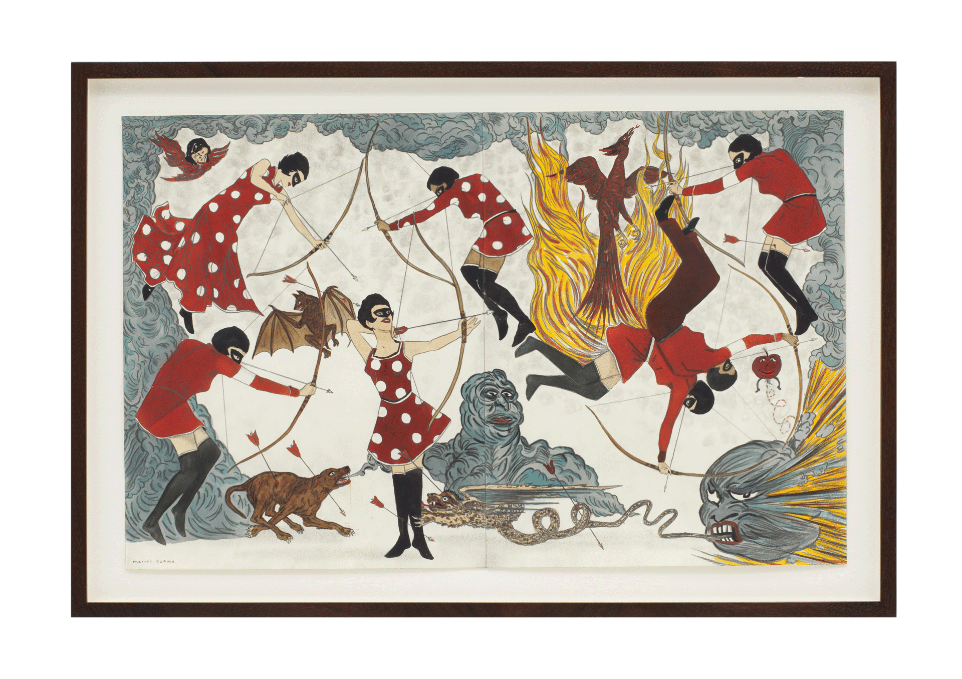 A work on paper by Marcel Dzama, titled, The female freedom fighters for our future, dated 2018.