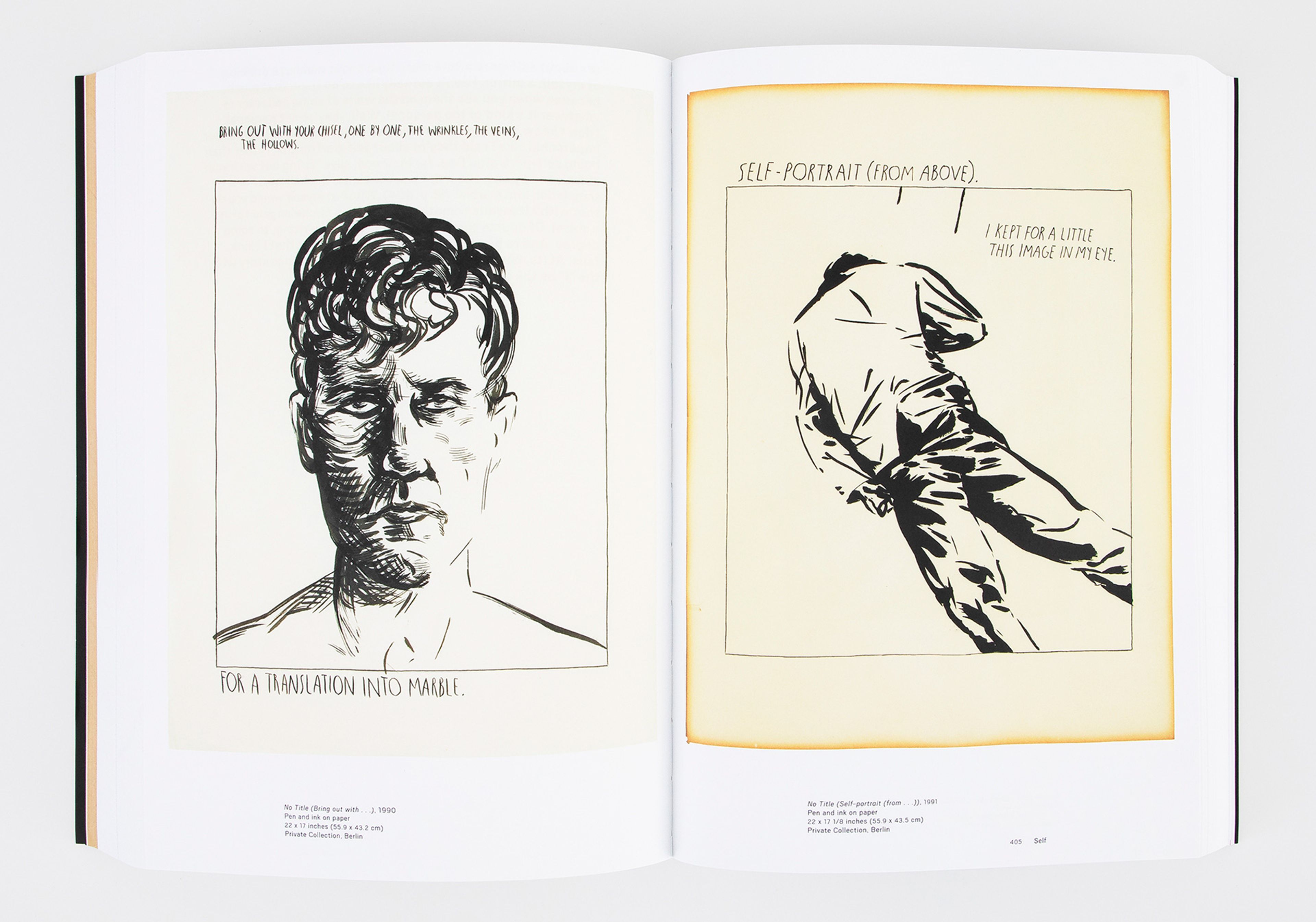A spread from a book, titled Raymond Pettibon:¬†Homo Americanus.