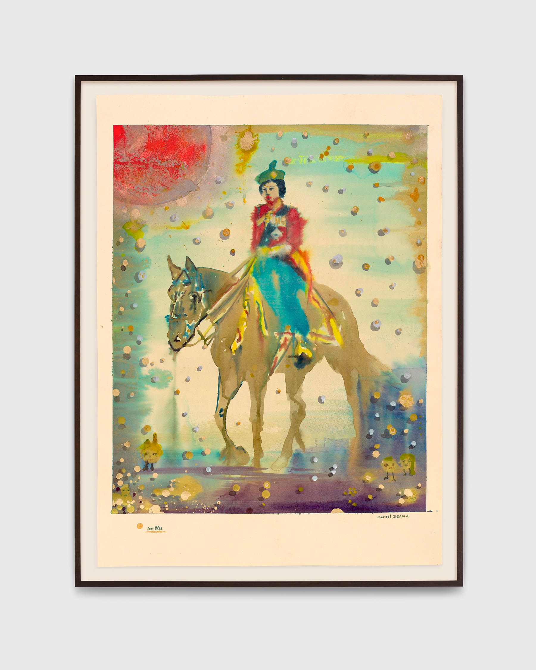 A work on paper by Marcel Dzama, titled God save the queen (or The queen from my grandma's biscuit tin), dated 2022.