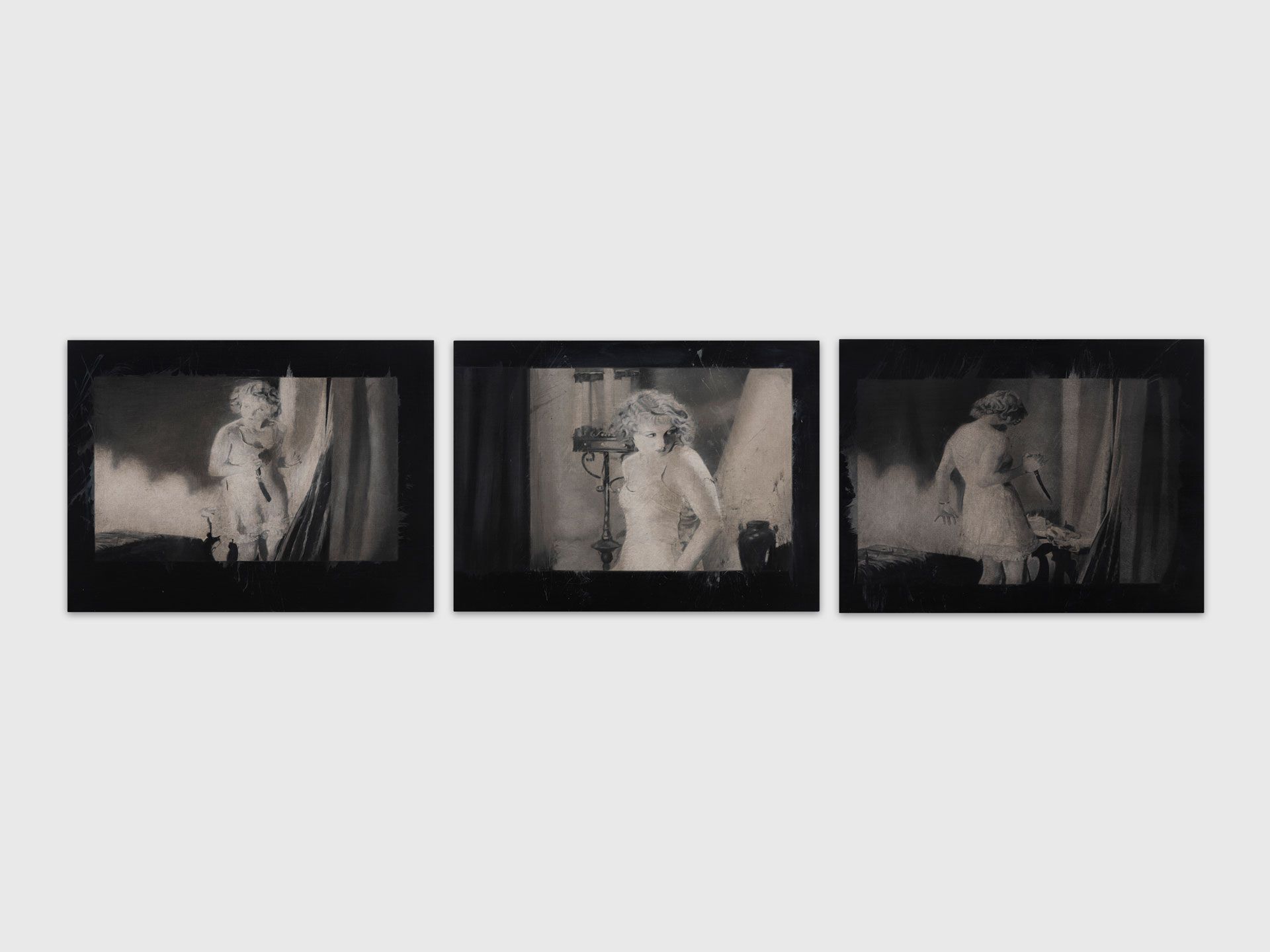 A set of three paintings by Atul Dodiya, titled Blackmail 19, Blackmail 20, and Blackmail 21, dated 2017 to 2018.