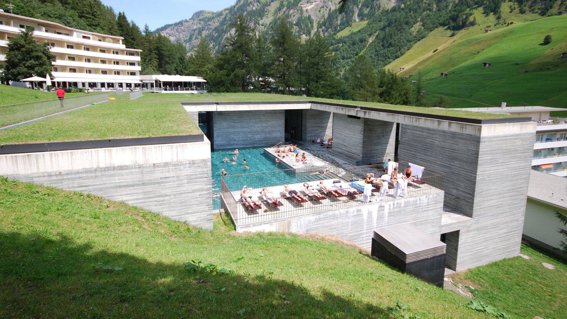 Aerial view of the Therme Vals outdoor swimming pool, designed by Peter Zumthor, in Vals, Graubünden, Switzerland.