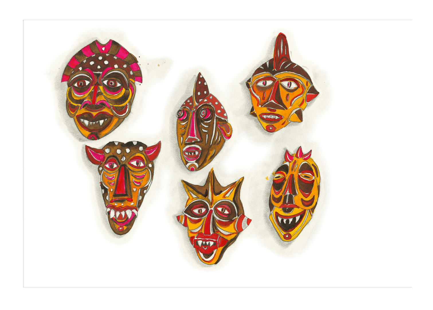 A work on paper by Marcel Dzama titled Masks for sale in a carpet shop, dated 2018.