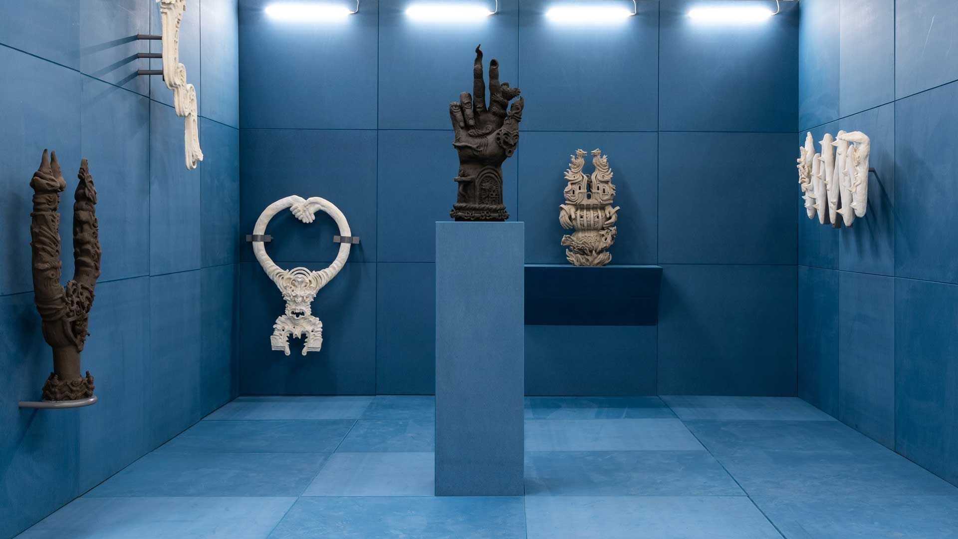 An installation view featuring works by Sharon Van Overmeiren