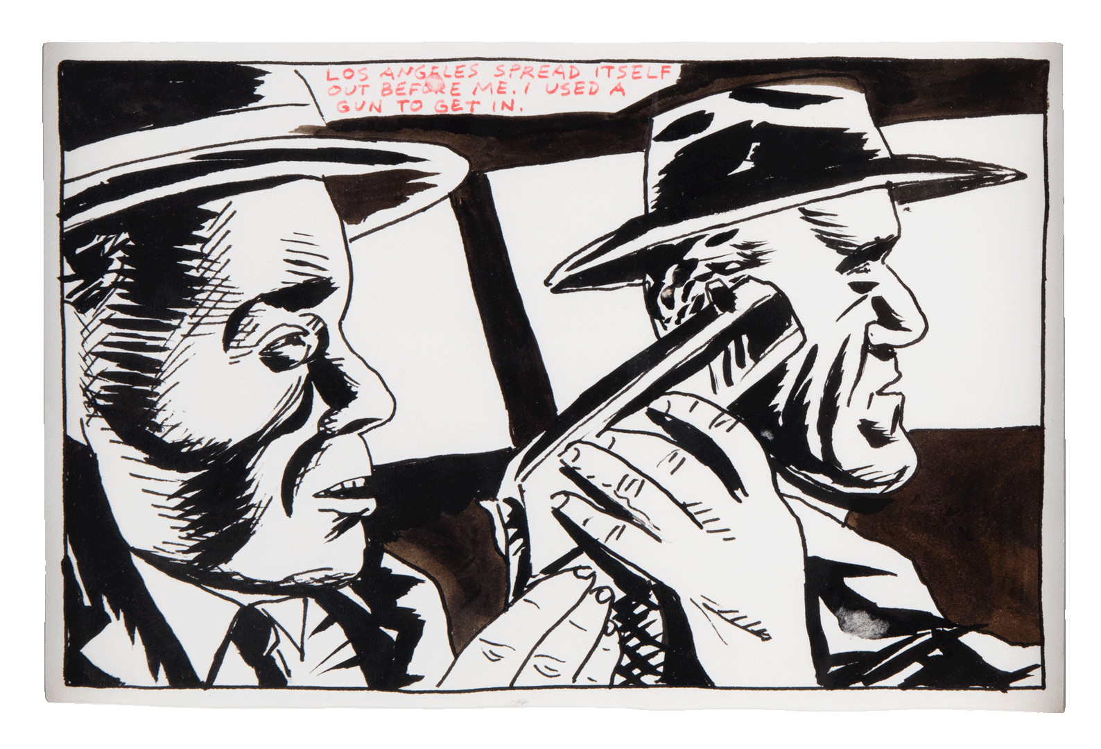 A drawing by Raymond Pettibon titled No Title (Los Angeles spread...), dated 1986.
