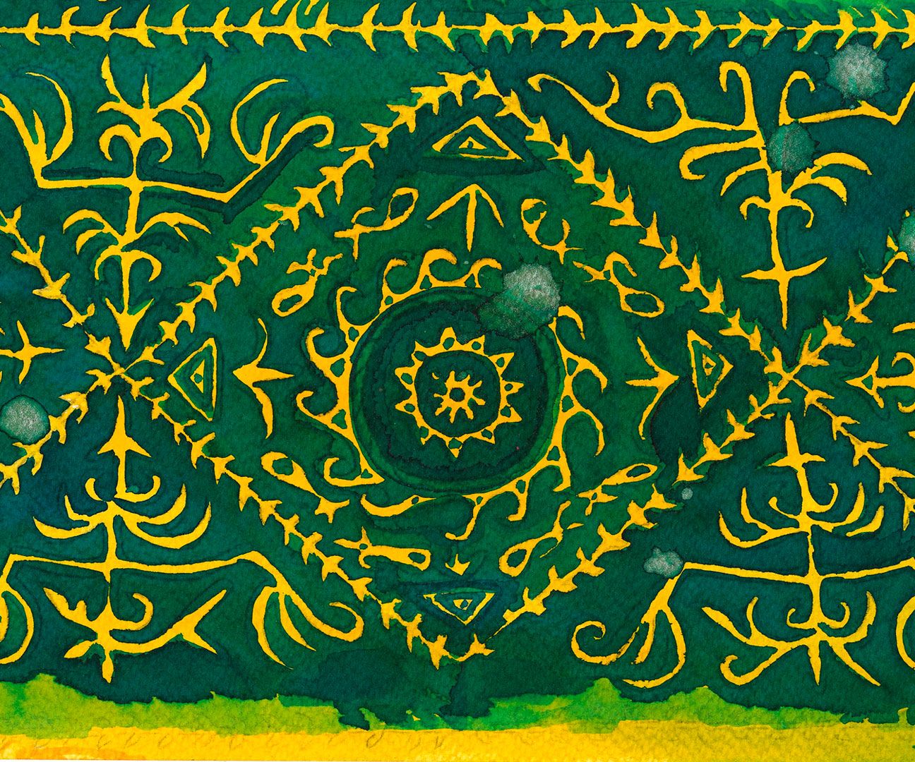 A detail of a work on paper by Marcel Dzama titled Carpets in a shop, dated 2019.